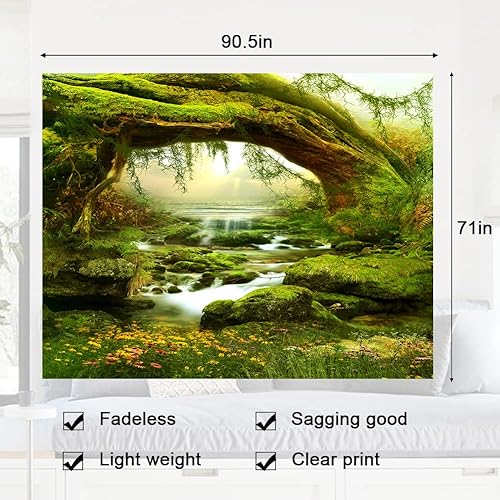 Miniatura 7 de Tapiz de bosque mágico, decoración para el hogar, sala de estar, dormitorio, para usar como cortina (luz del sol y arroyo, 90.5 de largo x 70.8 de