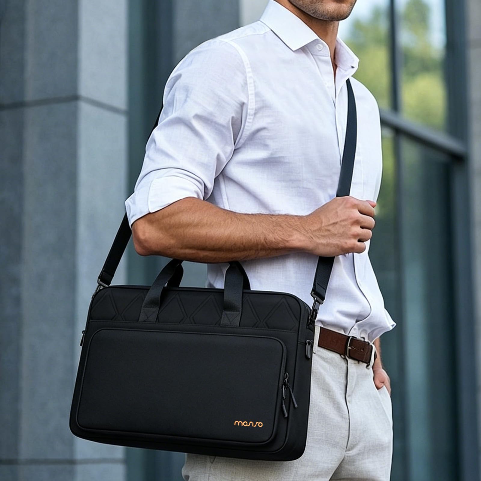 MOSISO 15,6 Zoll Laptoptasche, 15-16 Zoll Laptop Schultertasche | Kompatibel mit MacBook, HP Dell ASUS Lenovo, Umhängetasche mit Verstärkte Ecken&Taschen&Trageriemen für Reise Büro, Schwarz
