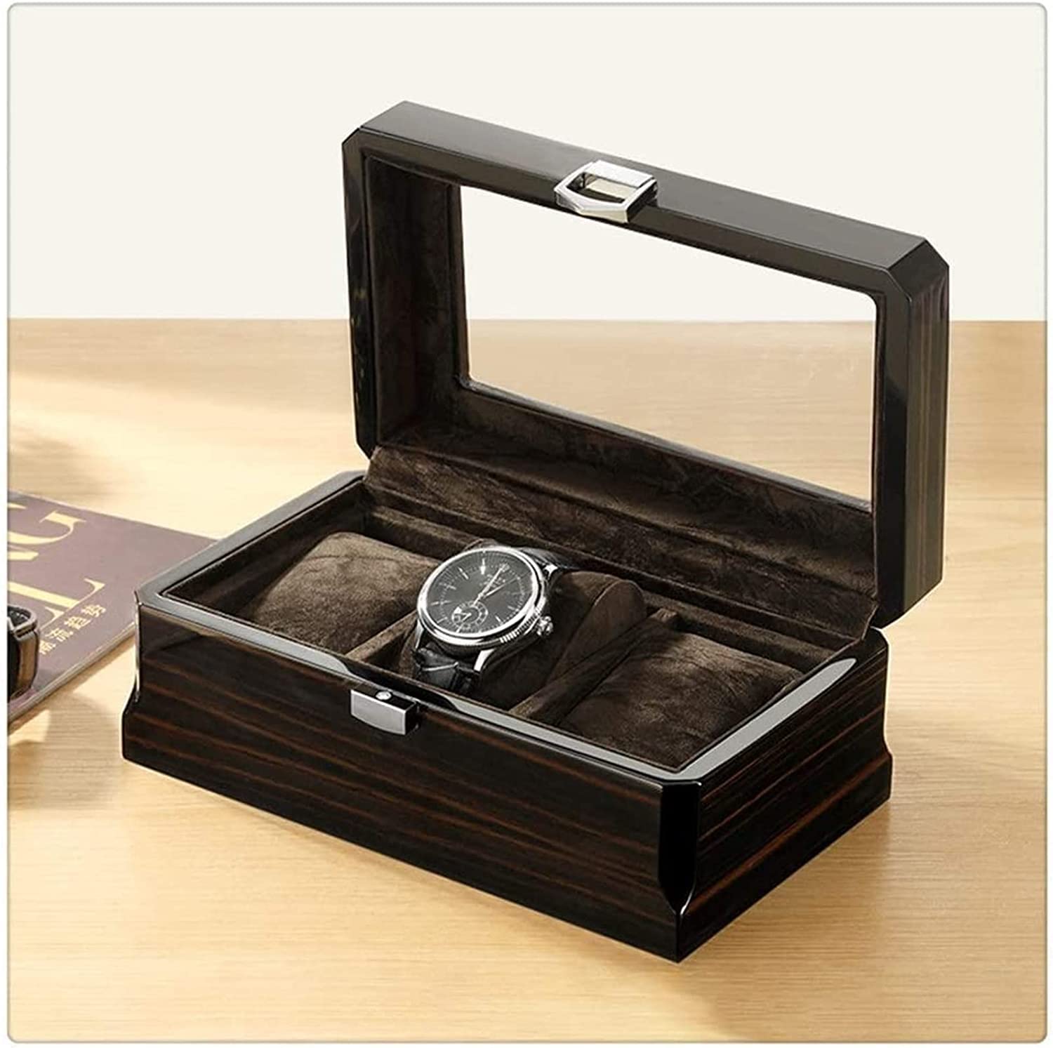TIANQIHAO Rectangle Wooden Watch Box Storage 3-Bit Watches Organizer Display Box Package Case Glass Cabinet Wood Casket For Watches,Black