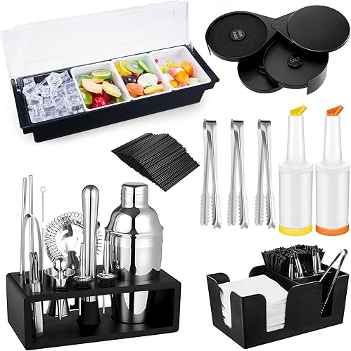 Mifoci Kit de 23 piezas de suministros de barman bandeja para guarnición para camareros con tapa, organizador de barra de 3 niveles, 13 piezas,