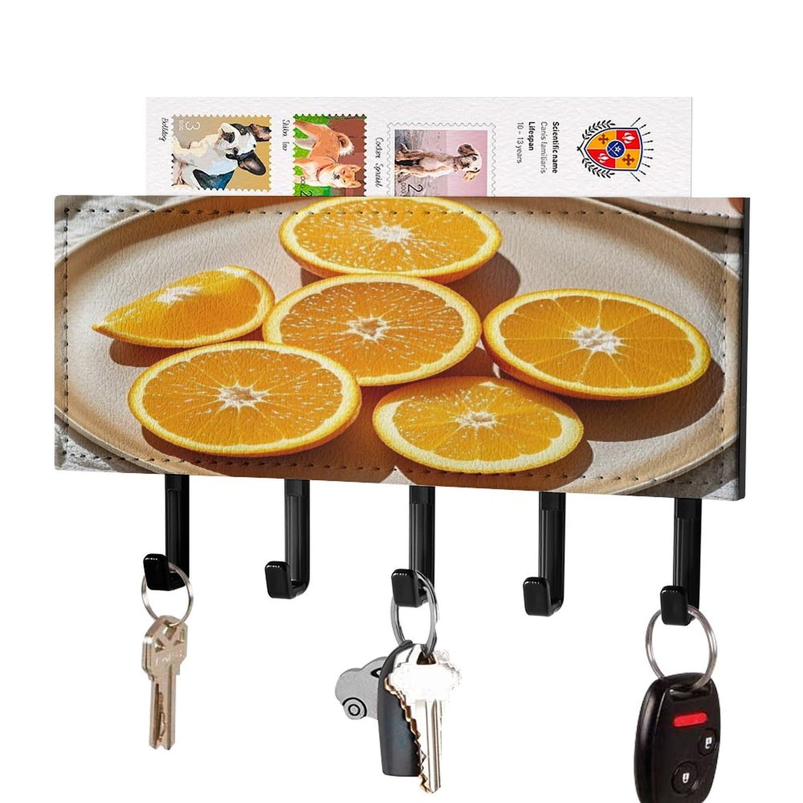 Fekiloot Black-Style Orange Slices Key Holder Wall Mount Key And Mail Holder Key Hanger With 5 Hooks Decorative Pu Key Rack Hanging Key Hooks For Wall Living Room Kitchen Bathroom Hallway