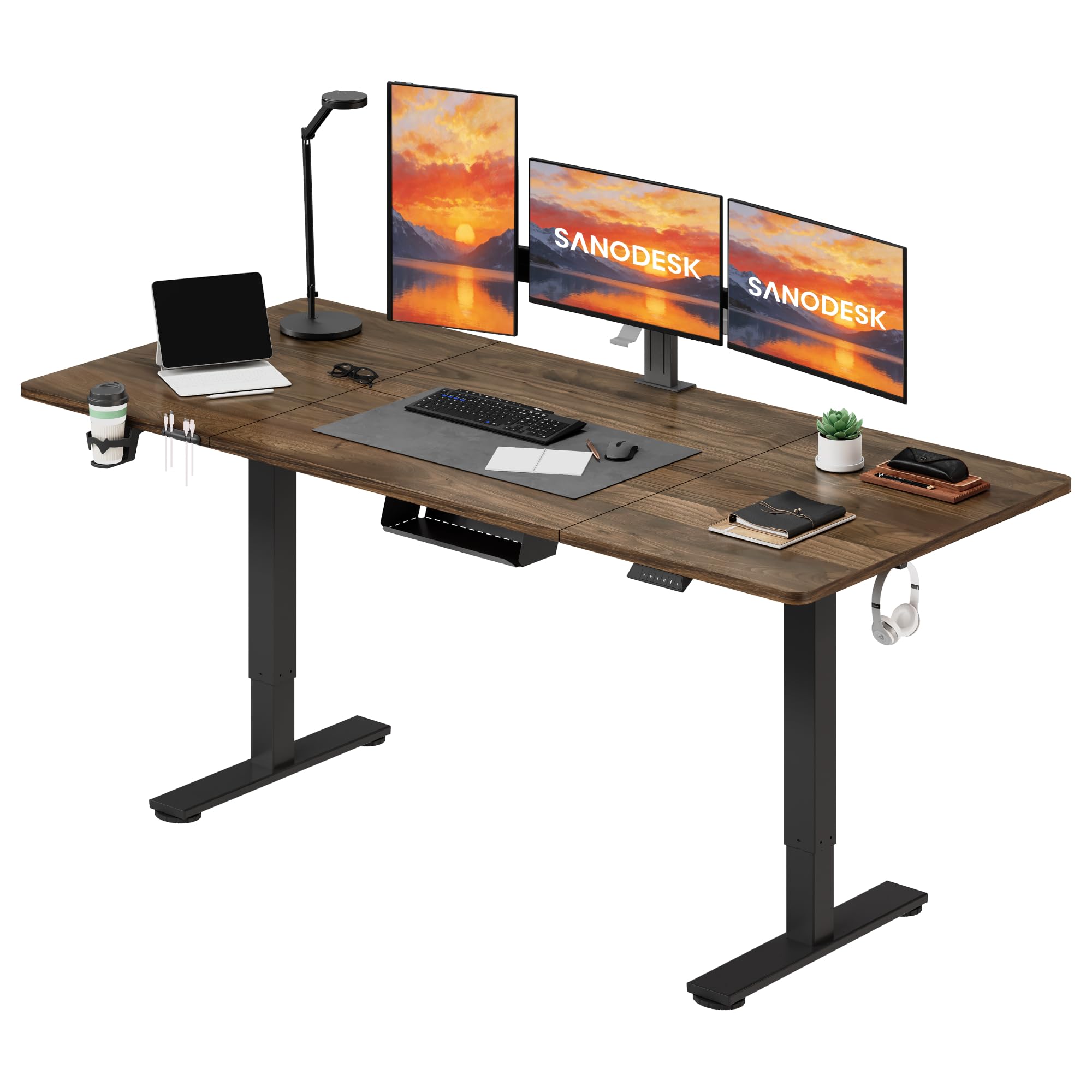 SANODESK Bureau Assis Debout Électrique, 180x80 Bureau Table Debout Réglable en Hauteur avec Système Anti-Collision et Crochet, Panneau Contrôle à Fonctions Mémoires, Plateau Marron
