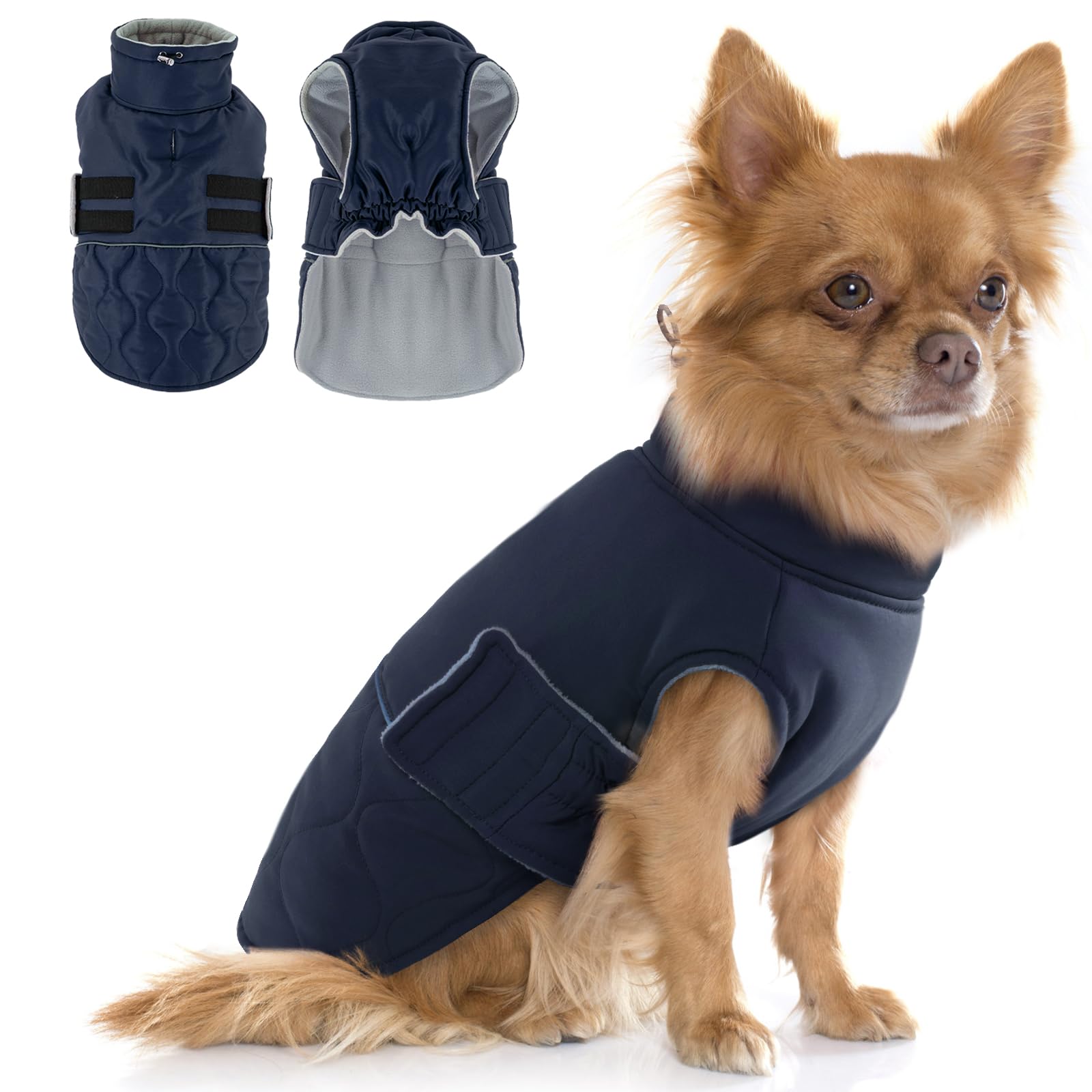 Hjumarayan Dog Winter Coat, Fleece Lined Warm Dog Jacket with Harness Hole, Reflective Quilted Coat Water-resistant for Small Dogs, Chihuahua, Pomeranian (Dark Blue XS)