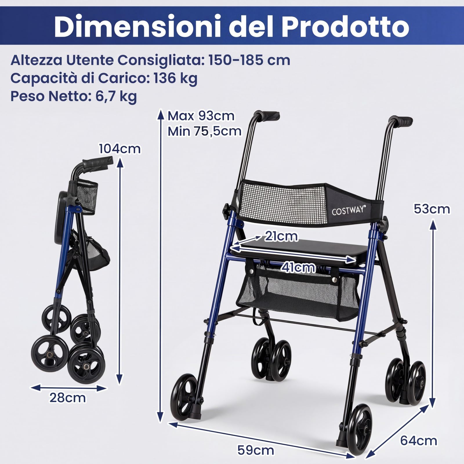 COSTWAY Deambulatore Pieghevole per Anziani, Girello a 4 Ruote con Sedile, Maniglie Regolabili a 8 Livelli, Schienale e Borsa a Rete, Deambulatore Rollator Ultraleggero per Disabil, Portata 136 kg