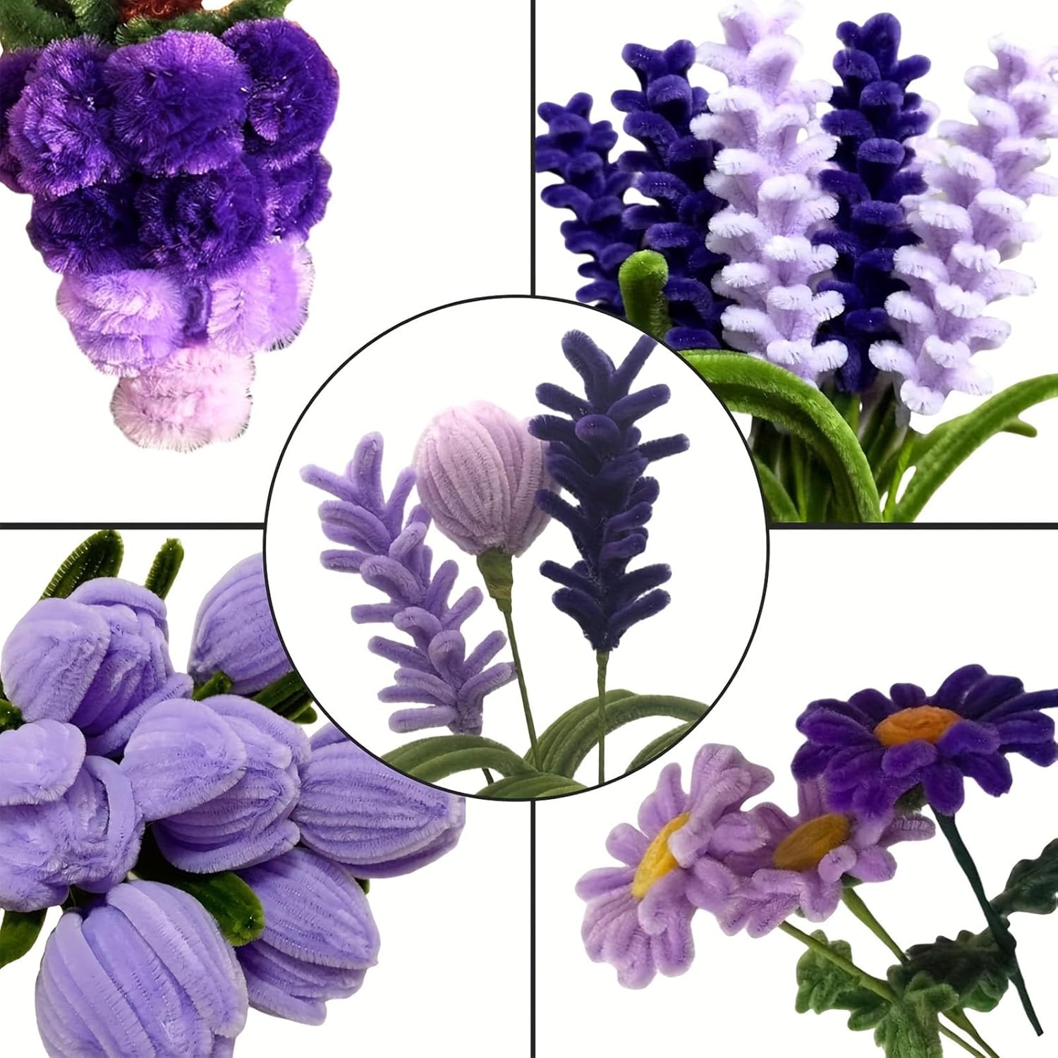 Akanelvy 600 Pcs Pipe Cleaner Flower Kit, Fluffy DIY Craft Supplies, Bendable Stems for Floral Arrangements, Aesthetic Pastel Colors for Easter Gift Wrapping (Purple)