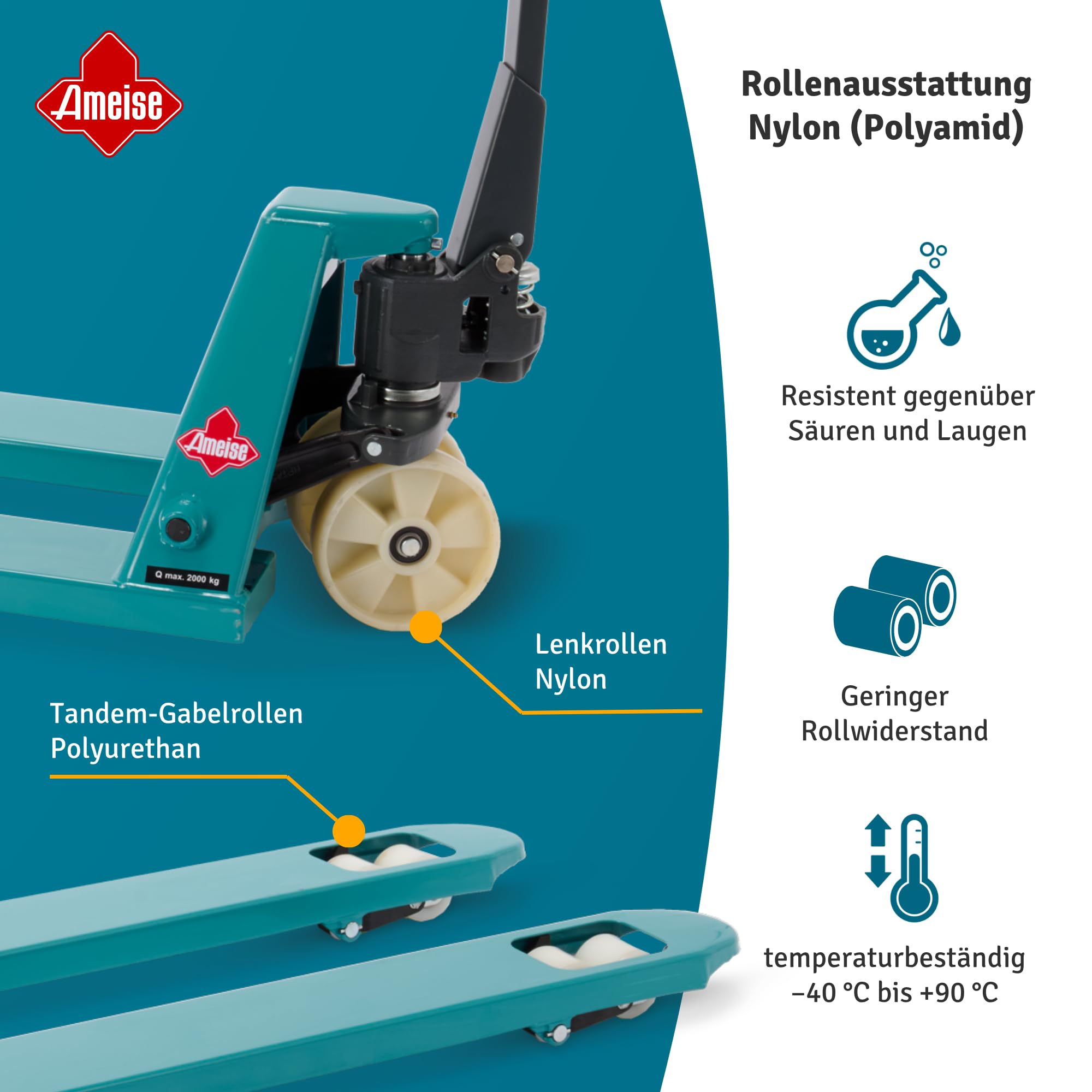 Ameise Hubwagen PTM lang | 2.000 kg Tragkraft | 1.800 mm Gabellänge | Lenkrad/Gabelrolle aus verschleißarmen Nylon | Tandem-Gabelrollen | Palettenhubwagen