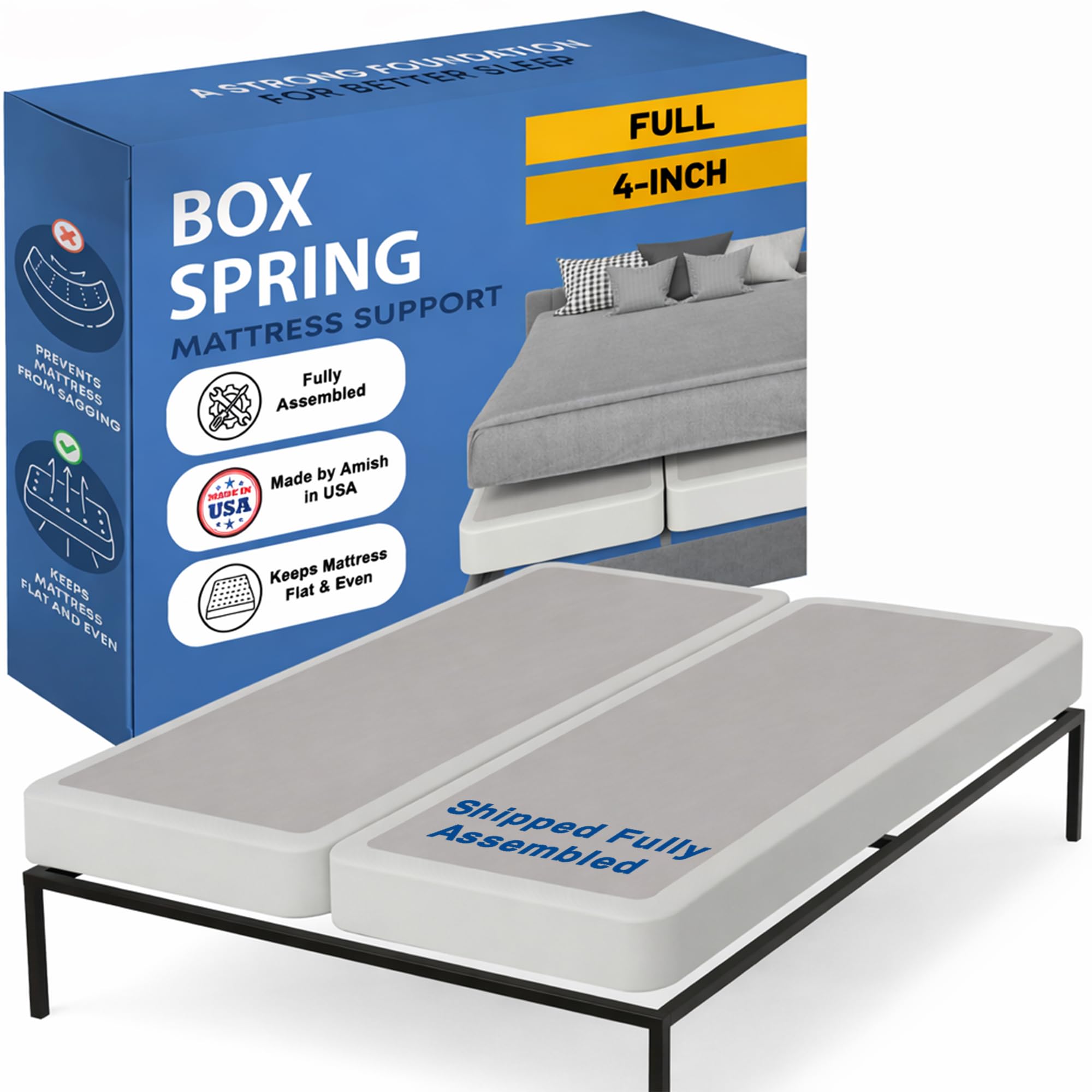 Photo 1 of Greaton, Box Spring Bed Base Full Size, 4-Inch Wood Mattress Foundation – Amish Made in USA – Quiet Noise Free, 2-Pieces Under Mattress-Support BoxSpring, Fully Assembled, White