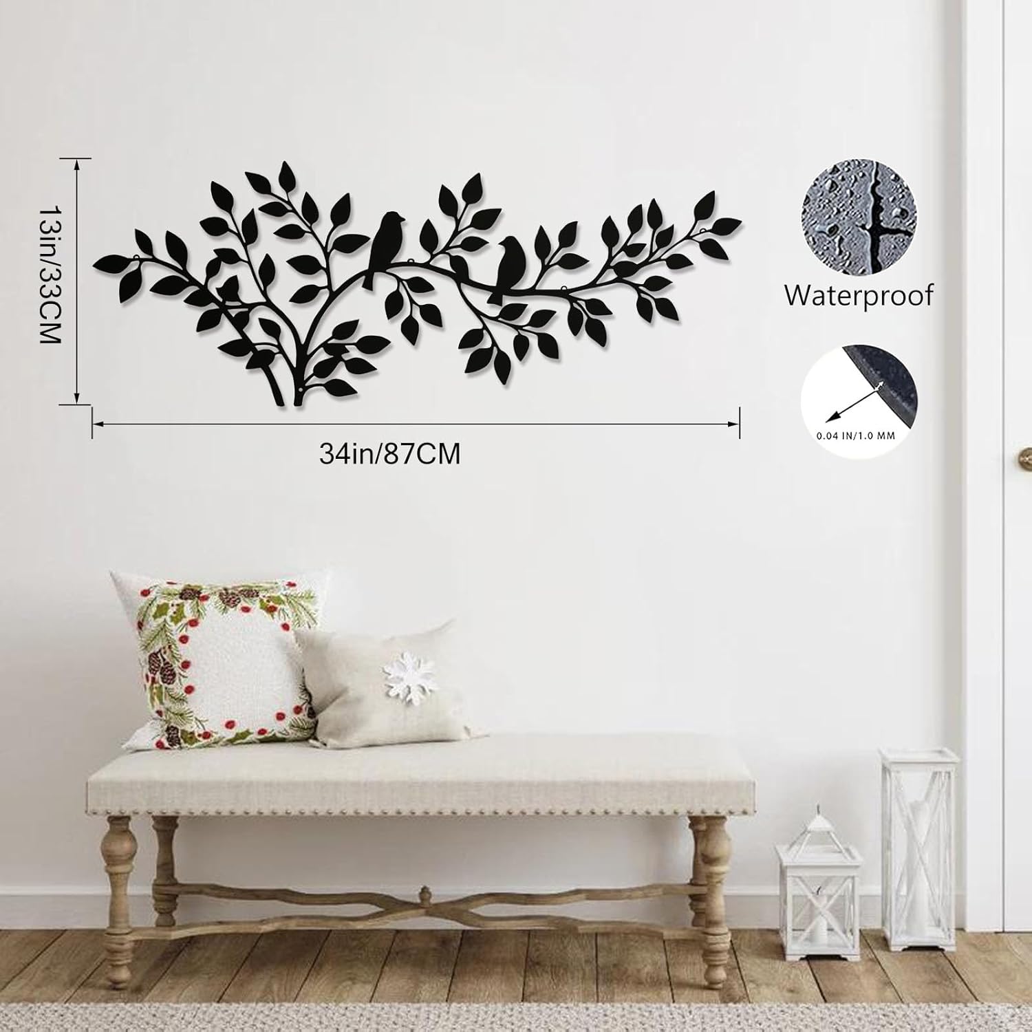QZGXDECO 34Inch Metal Tree Leaf Birds on Branch Wall Decor Art,Black Vine Olive Branch Leaves with Bird Hanging Wall Sculpture for Home Balcony Living Room Bedroom Hallway Wall Decoration