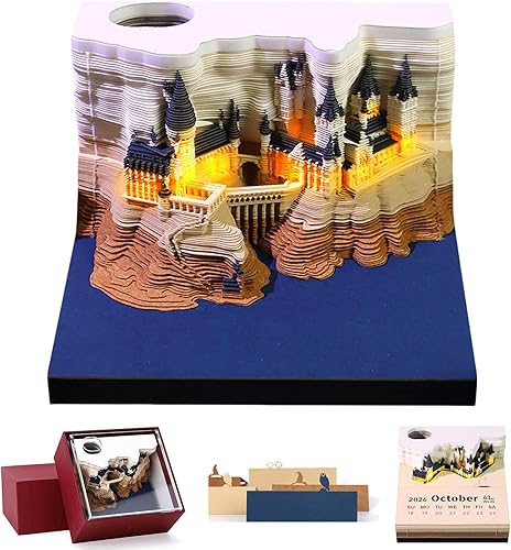 Calendario 3D 2026  Calendario de tiempo, calendario de escritorio 2026, bloc de notas, castillo mágico, bloc de notas 3D, notas adhesivas