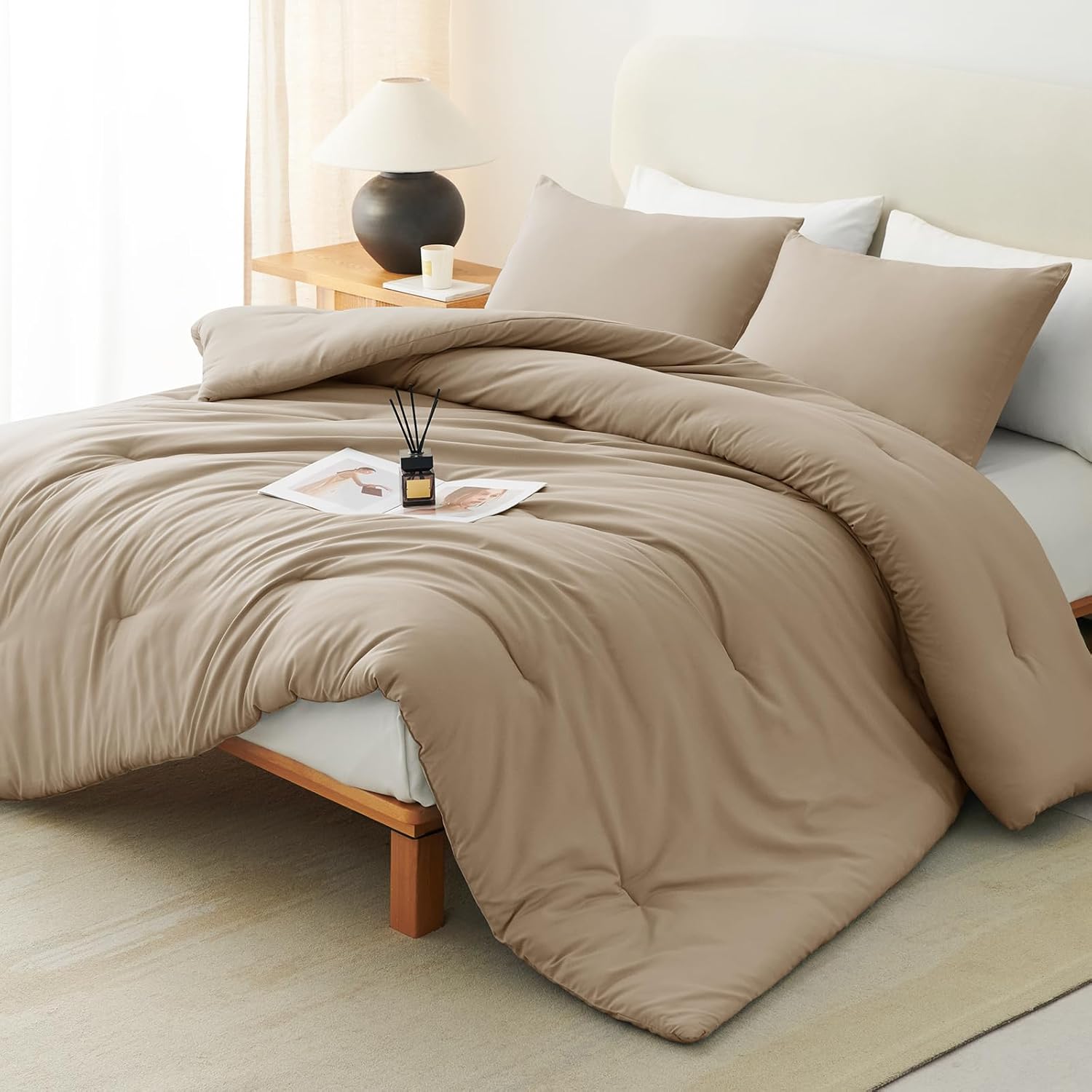 CozyLux Comforter Full Size Set Taupe, 3 Pieces Solid Lightweight Soft Bed Set for All Season, Luxury Breathable Quilted Style Microfiber Down Alternative Bedding Sets (1 Comforter & 2 Pillowcases) Taupe Full