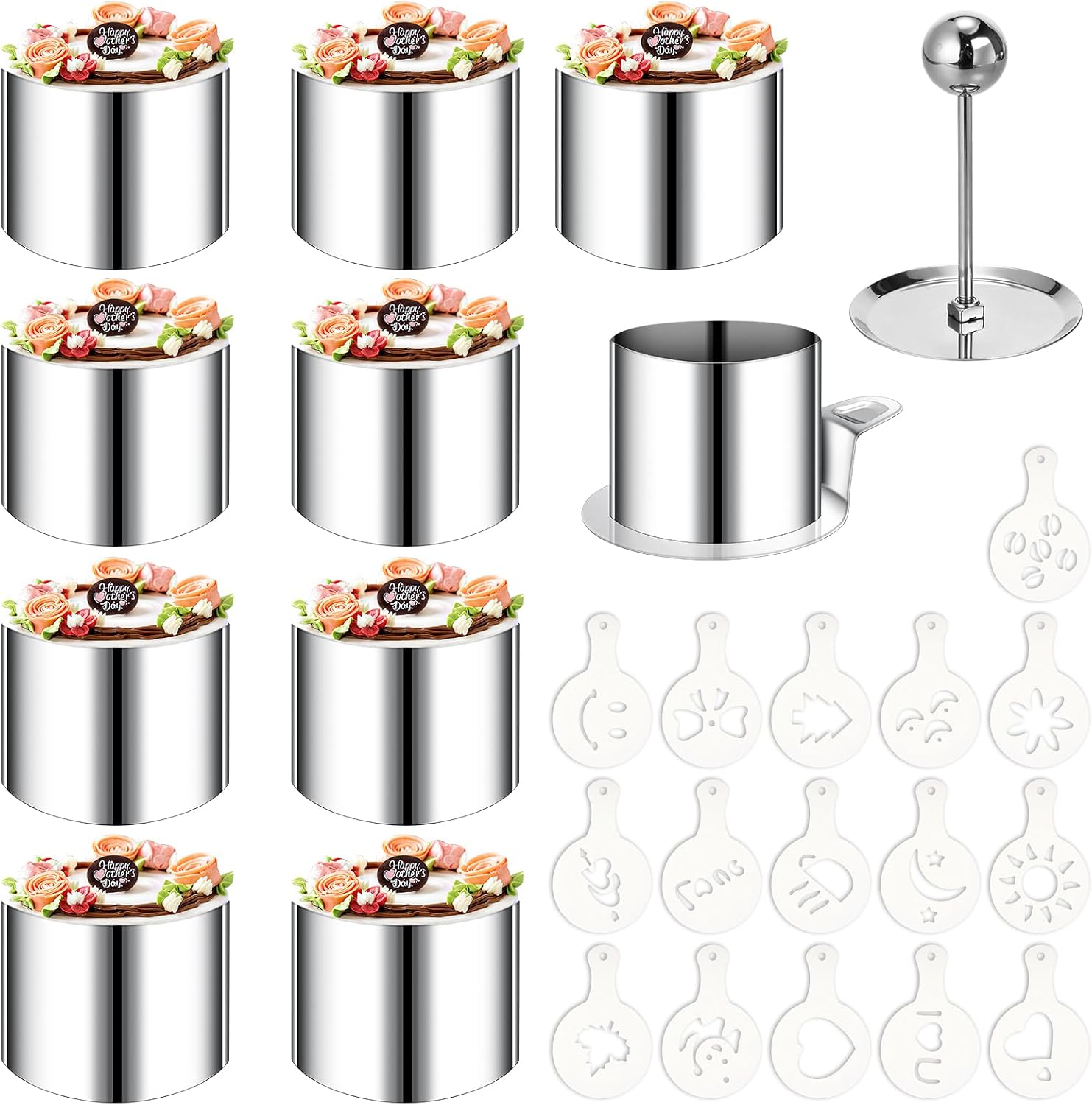 Cozary 6 Piece Dessert Rings Set 7.5 cm - Stainless Steel Baking Rings with Base Plate & Lid, 16 Stencils - Mousse Rings for Cakes, Tiramisu, Puddings - Baking Accessories, Dishwasher Safe, up to 200°