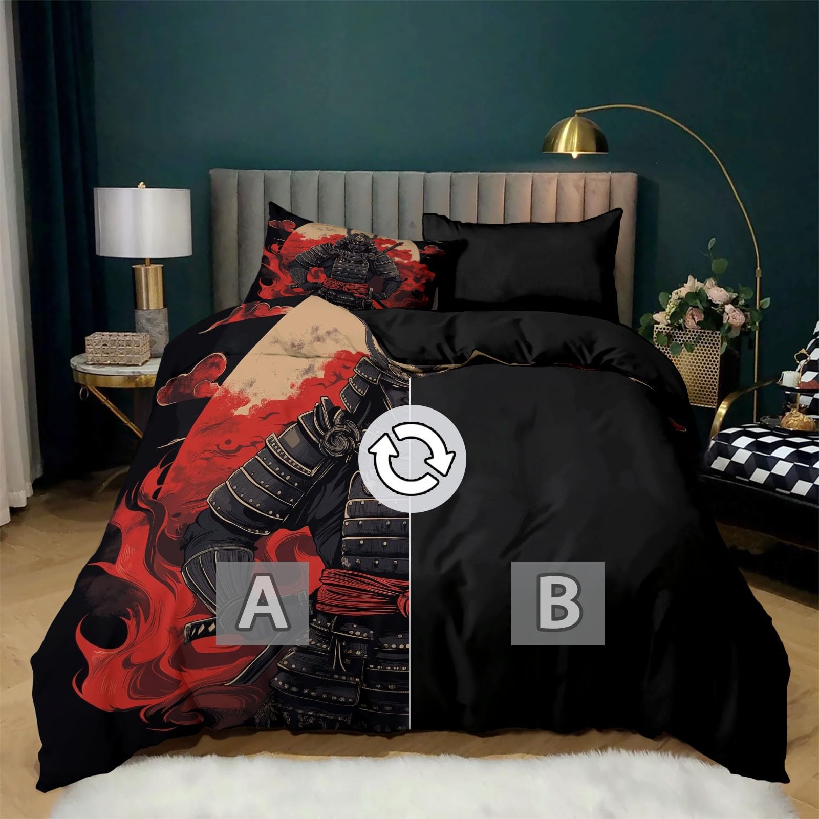 CozyRest Zestaw poszewek na kołdrę dziecięcy japoński samuraj czarny zestaw pościeli 3 szt., miękka wygodna dwustronna poszewka na kołdrę oddychająca pościel zestawy pościeli z poszewkami na poduszki,