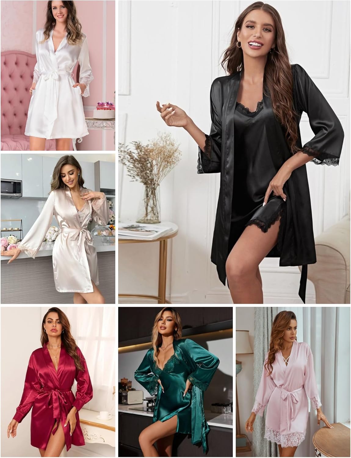 SWOMOG Women's Satin Robe Set 2 Piece Sexy Pajamas Sets Lace Cami Nightgown and Silk Robes Nightwear - Image 5
