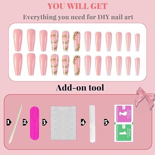 Miniatura 5 de Uñas postizas largas a presión, uñas postizas con pegamento, uñas postizas rosas con diseños de diamantes de imitación de lámina dorada, uñas