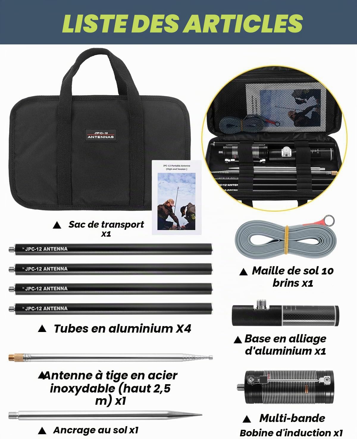 AURSINC Antennes JPC-12 Bidon RF amateur 7-50 MHz, antenne verticale universelle 40-6 m (8 bandes, extérieur), 4,1 m (M10)