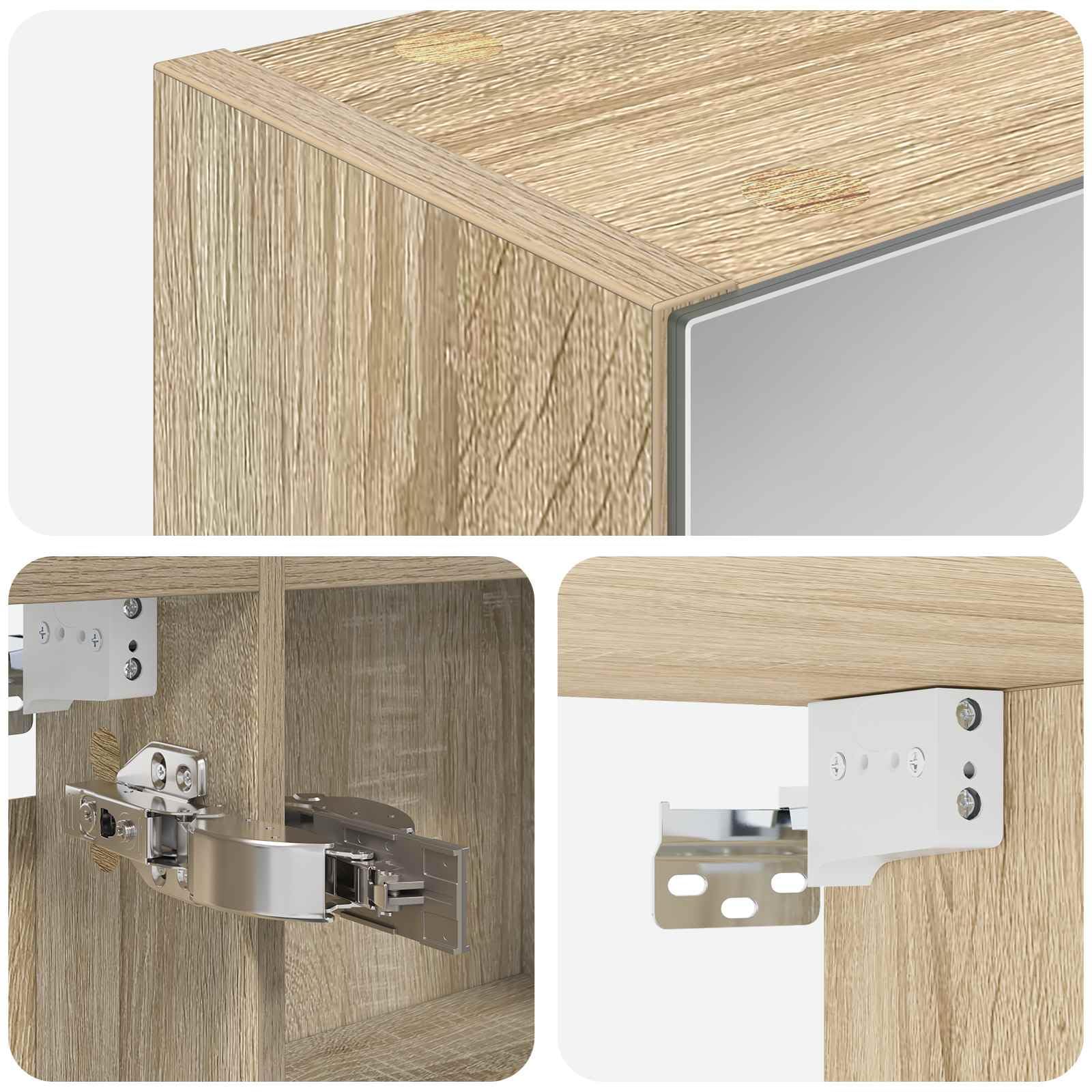 Armadietto da bagno a specchio in rovere Sonoma, 100 x 14,5 x 70 cm, con vano portaoggetti, specchio su entrambi i lati, montaggio a parete, con 2 ripiani, per bagno e bagno degli ospiti