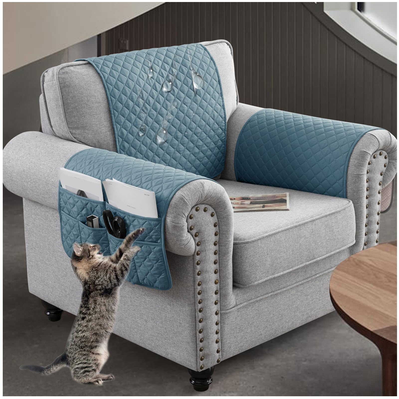 NNSMUN Sofa Armrest Cover 3/4/5Pcs, Waterproof and Nonslip Armchair Covers for Arms Headrest, Sofa Slipcover with Side Pocket, Quilted Protector for Pets Leather Couch (Gray Blue,3 Seater(5pcs))