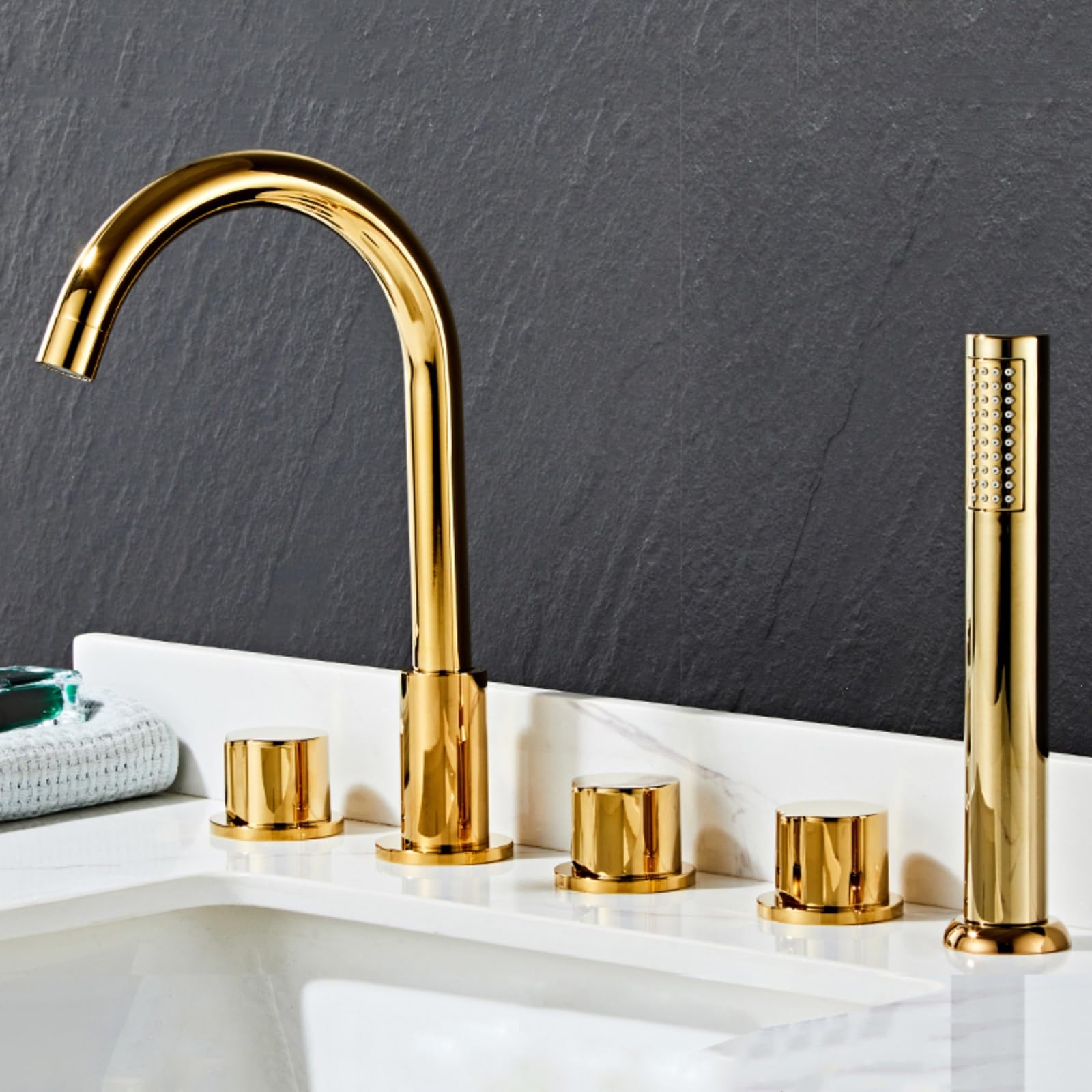 BHGFYXBS 5 Hole Bath Tap Set Gold Bath Tub Mixer Tap With Shower 360 Tap Swivel Head Bathroom Taps Mixer Double Lever-A