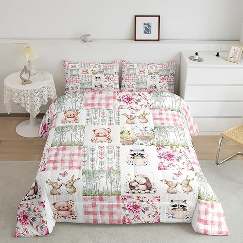 Erosebridal Juego de ropa de cama Kawaii con diseño de dibujos animados de conejo, erizo y oso para niños y niñas, juego de edredón a cuadros rosa a