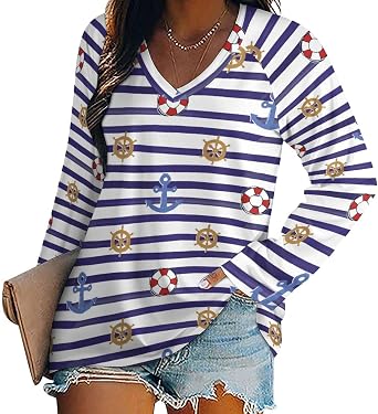 Nautical Funny Anchor Pattern Womens Long Sleeve Shirts V Neck T-Shirt Casual Loose Tops for Women