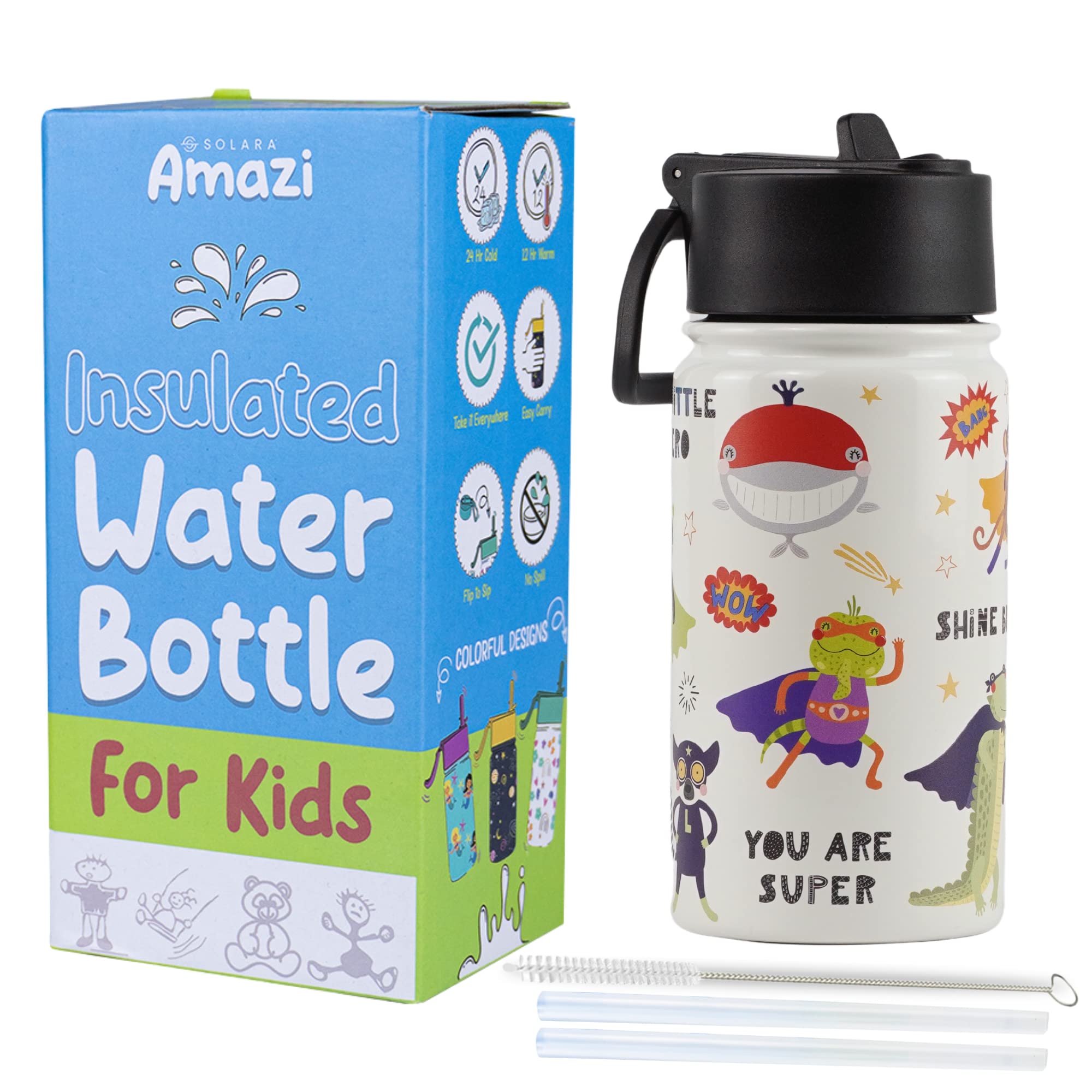 SOLARA Amazi Kids Insulated Water Bottle for Kids 450ml, Kids Water Bottle,Sipper Bottle for Kids,Thermosteel Kids Bottles,Stainless Steel Water Bottles for Kids,Straw Bottle for Kids, Animal Heroes