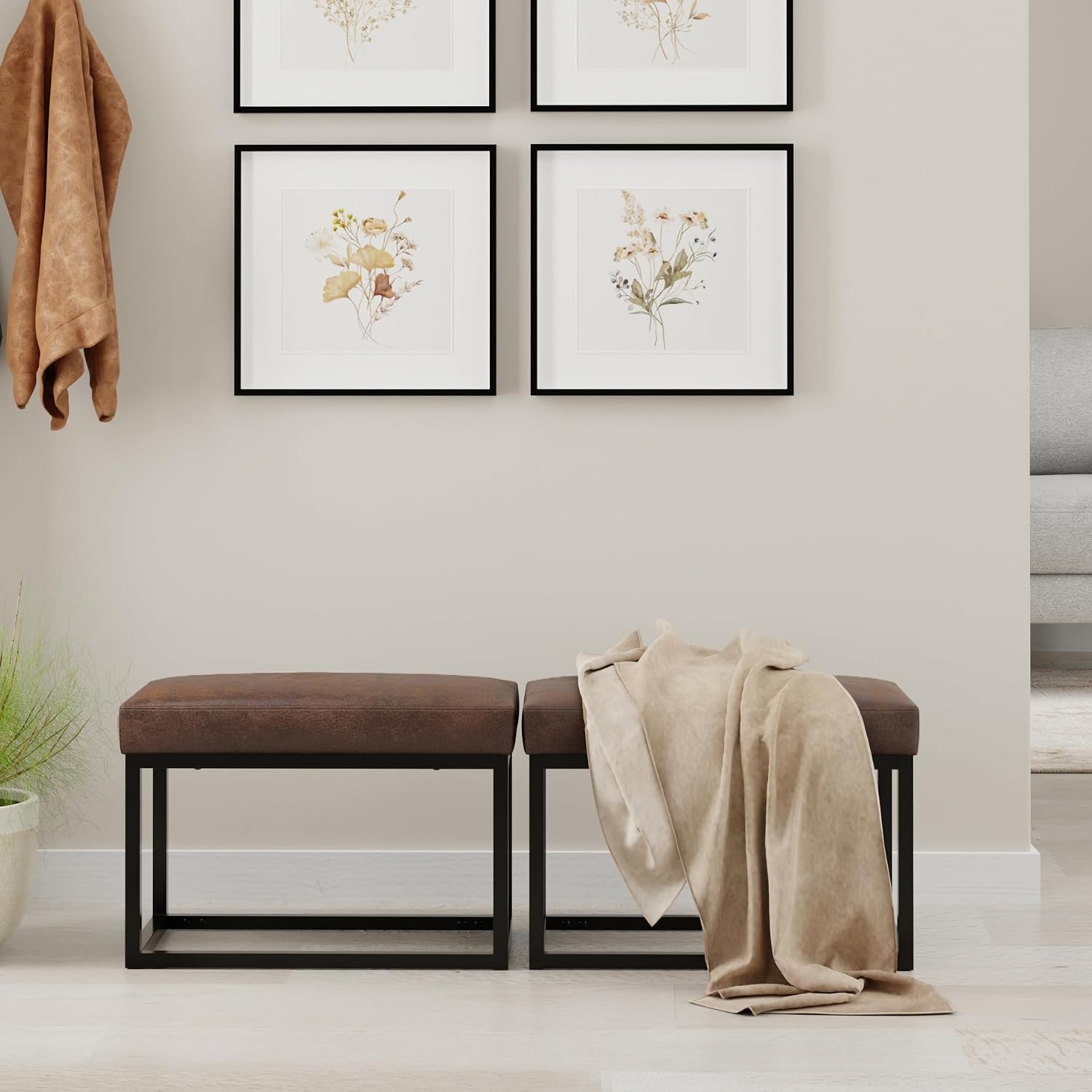 SIMPLIHOME Reynolds Small Ottoman Bench - 26 inch Wide Upholstered Vegan Leather Rectangle Ottoman in Distressed Chestnut Brown, Contemporary Bench for Bedroom with Cushioned Seat and Metal Base