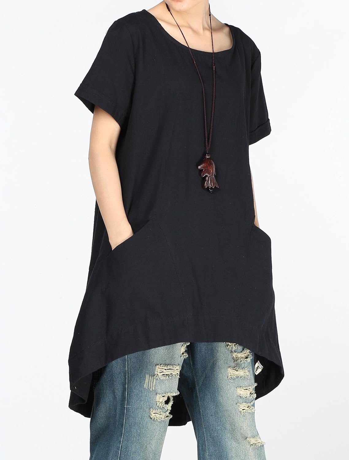 Minibee Women's Cotton Linen Short Sleeve Tunic/Top Tees - Image 3