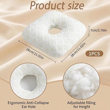 Piercing Pillow, Ear Piercing Pillow with Hole for Ear, Customisable Pillow for Side Sleepers, Ear Pain Relief Donut Pillow, Machine Washable Ear Pillow with Hole