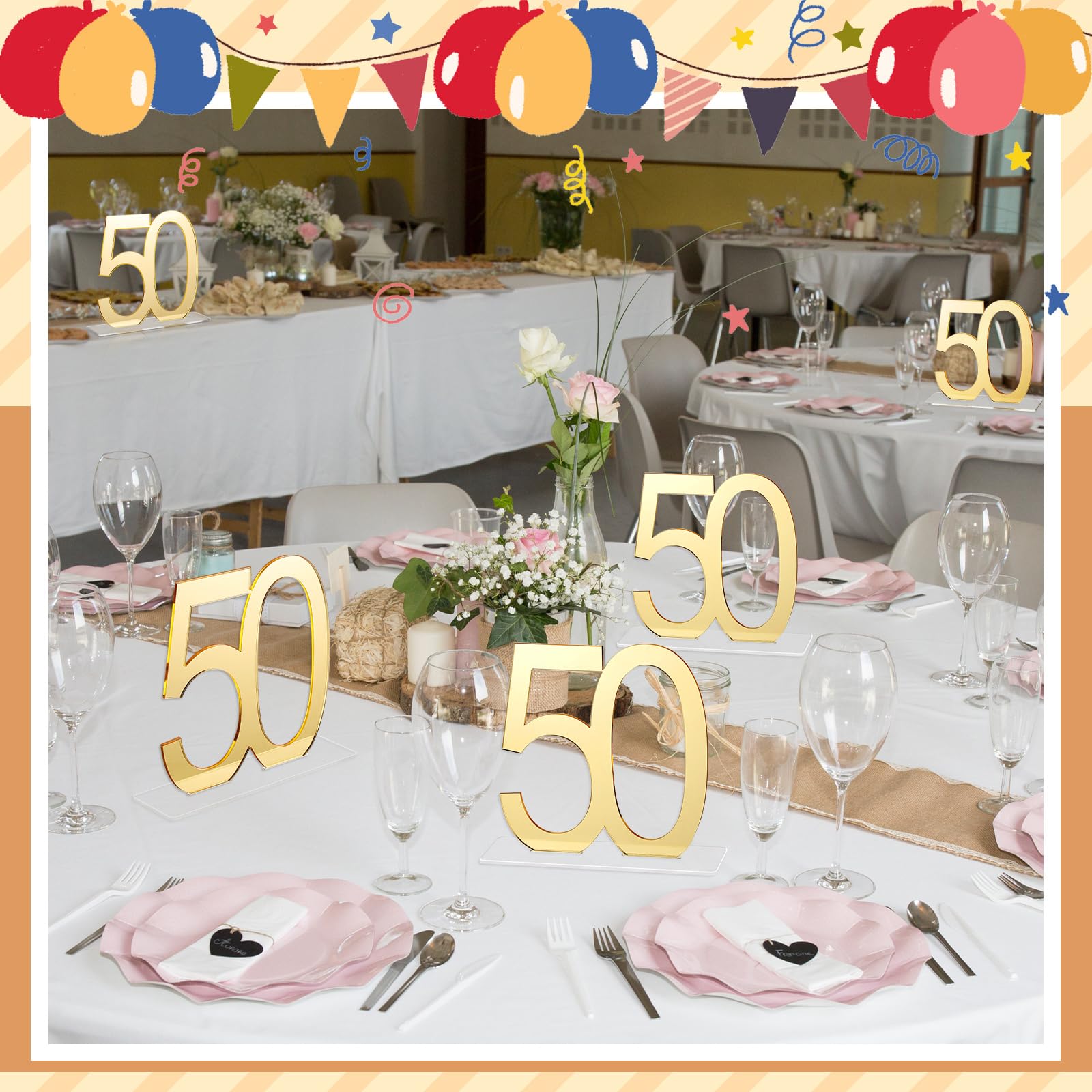 Decorazioni Centrotavola 50° Compleanno - 6 Numeri Acrilici Oro Specchio 16 Cm, Per Feste Uomo E Donna