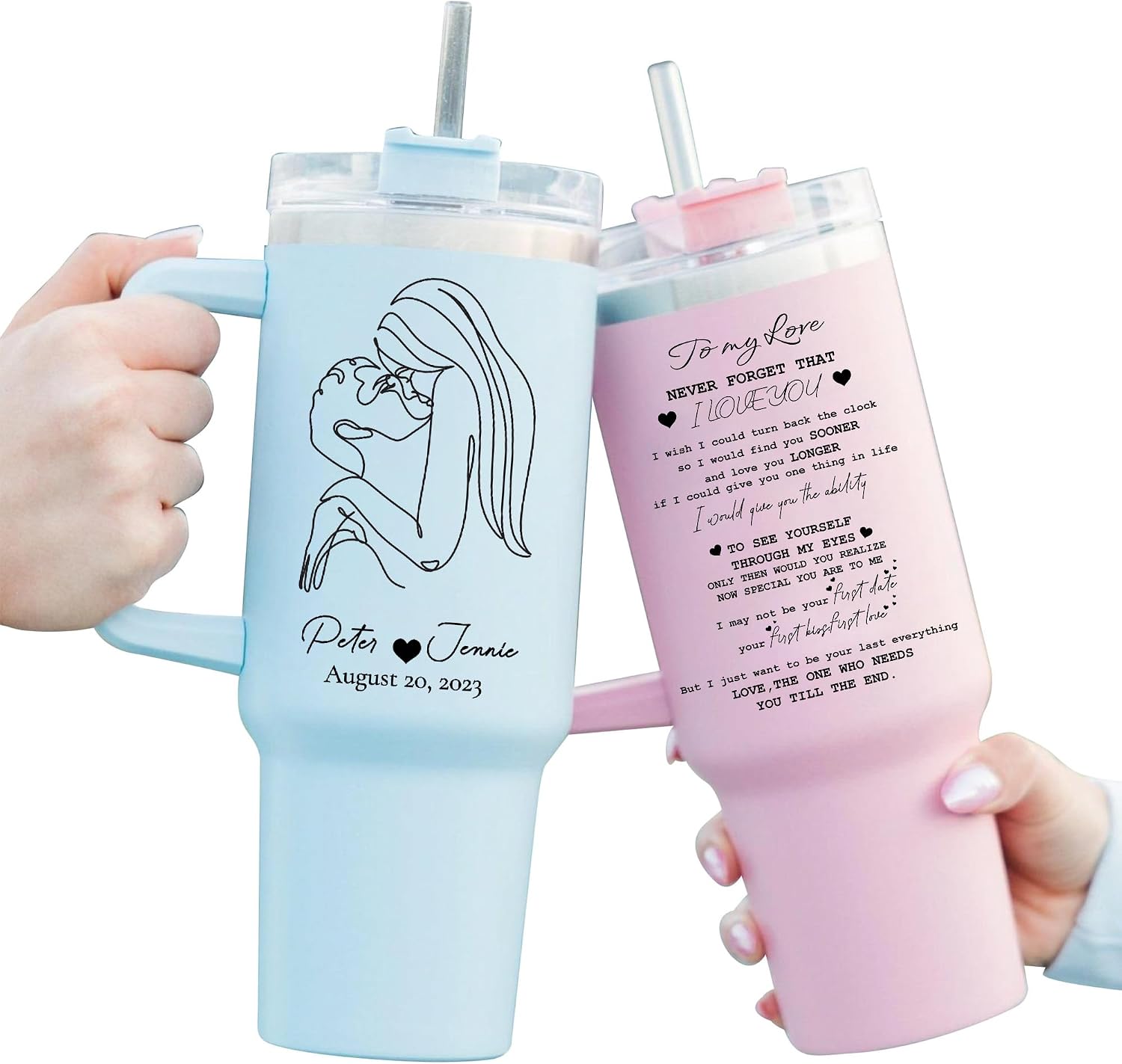 Kiss You Personalized Tumbler 40 oz Laser Engraved, Insulated Cup with Handle, Double Sided, Lid and Straw, Valentine gift, Custom Insulated Stainless Steel Cup for her, hoim, women, men, lover