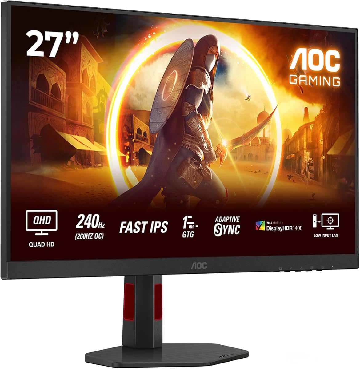 AOC Gaming Q27G4ZR - 27 Zoll Quad HD Monitor, 240 Hz, 1 ms, G-Sync comp., HDR400 (2560 x 1440, 2X HDMI 2.0, DisplayPort 1.4) schwarz-rot