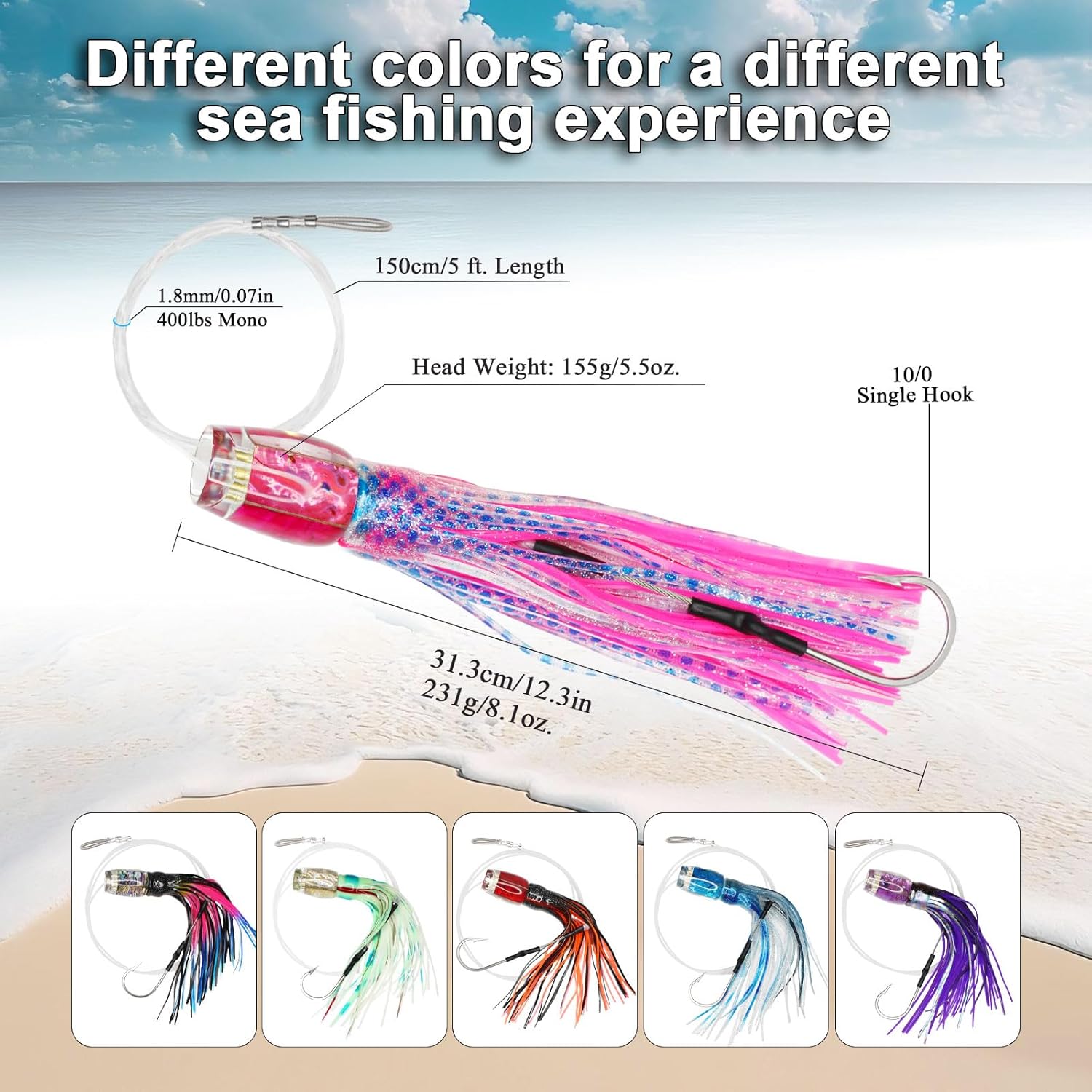 VIKETECH 12’’ 8oz Resin Saltwater Trolling Lure Big Game Deep Sea Offshore Fishing Lures for Tuna Marlin Mahi Mahi Wahoo Included Mesh Bag