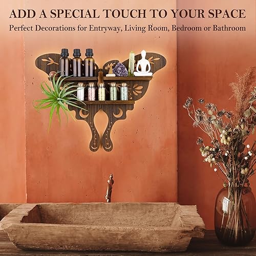 Vista 6 de ANROYE Estante de exhibición de mariposa de luna de cristal, estantes flotantes de pared de madera de pino boho con luz para almacenamiento