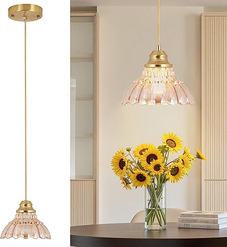 Luces colgantes vintage para isla de cocina, lámpara colgante dorada con pantalla de cristal ámbar, lámpara colgante ajustable para comedor, mini