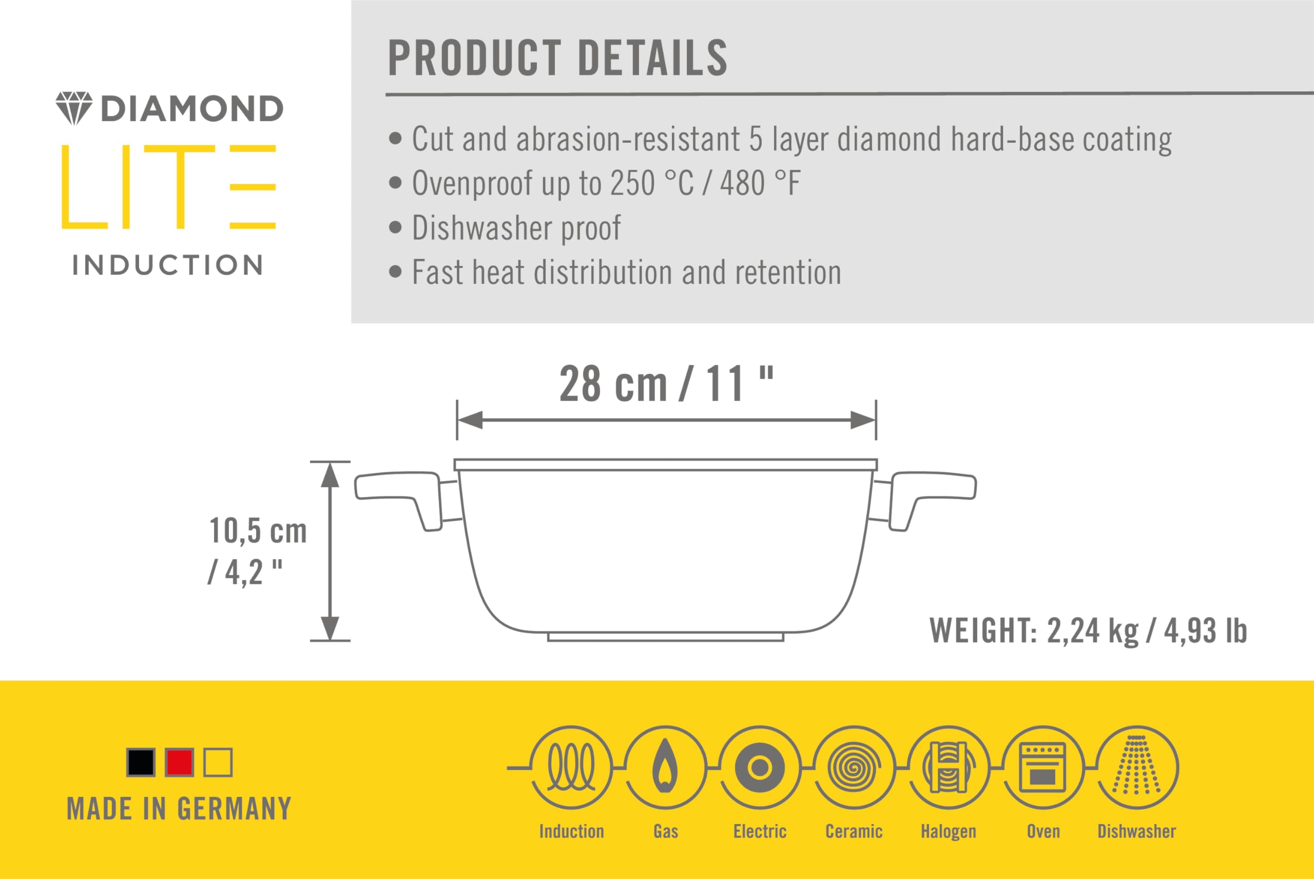 Woll Diamond Lite garnek czworokątny – indukcyjny, 28 x 28 cm, wysokość 10,5 cm, 6 l, z 2 uchwytami bocznymi – nadaje się do wszystkich rodzajów kuchenek, odlew aluminiowy, powłoka nieprzywierająca