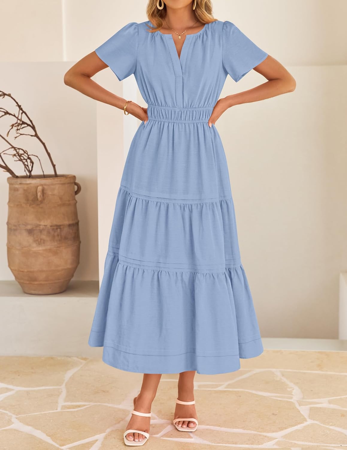 ZESICA Women's Summer Casual Short Sleeve Midi Dresses 2026 V Neck Elastic Waist Tiered Flowy Boho Dress with Pocket - Image 7