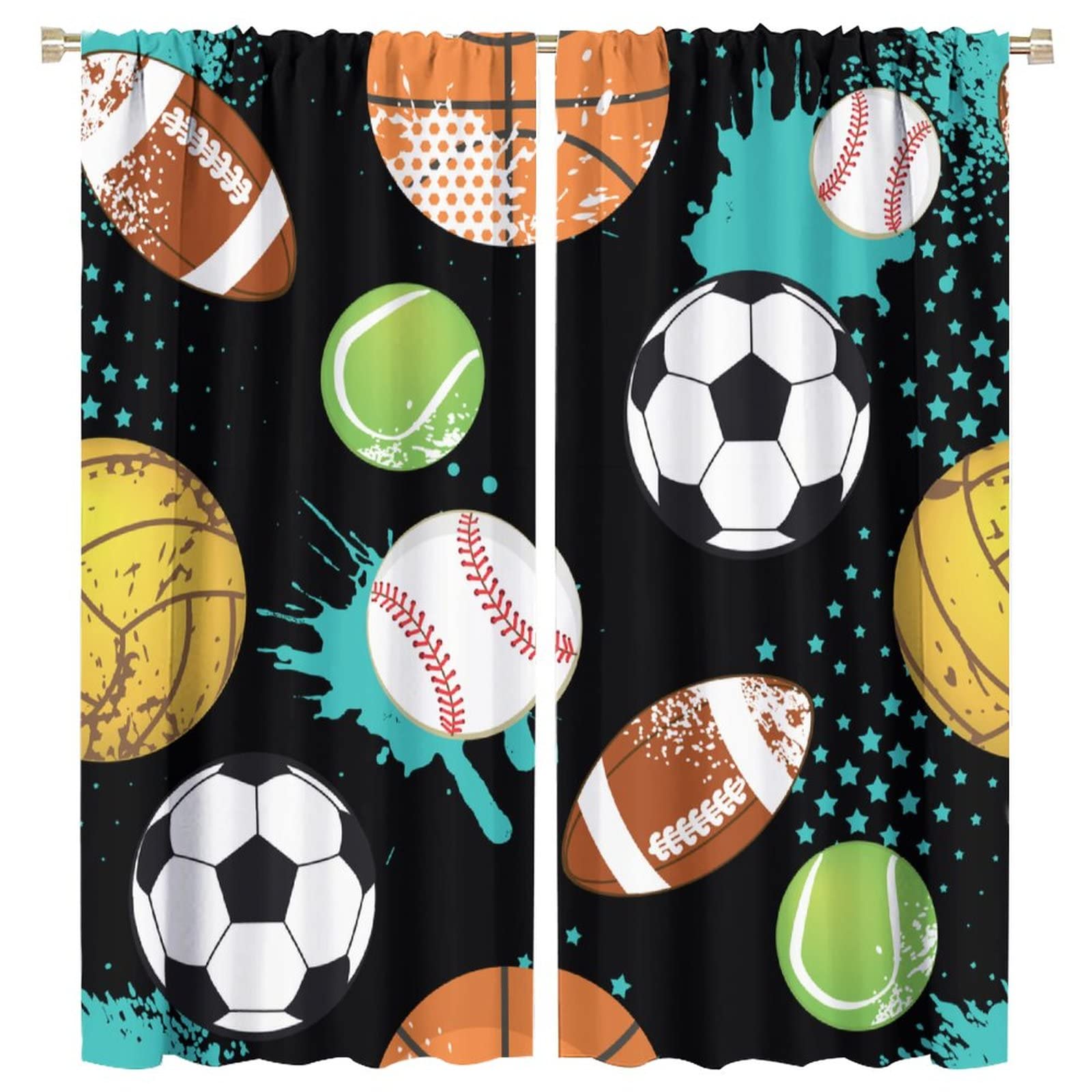 JESTRONRY Sport Window Curtains,Abstract Basketball Football Soccer Rugby Baseball Sports Theme Home Fabric Living Room Kids Boys Girls Teens Bedroom Home Decor Blackout Drapes W63xL72in