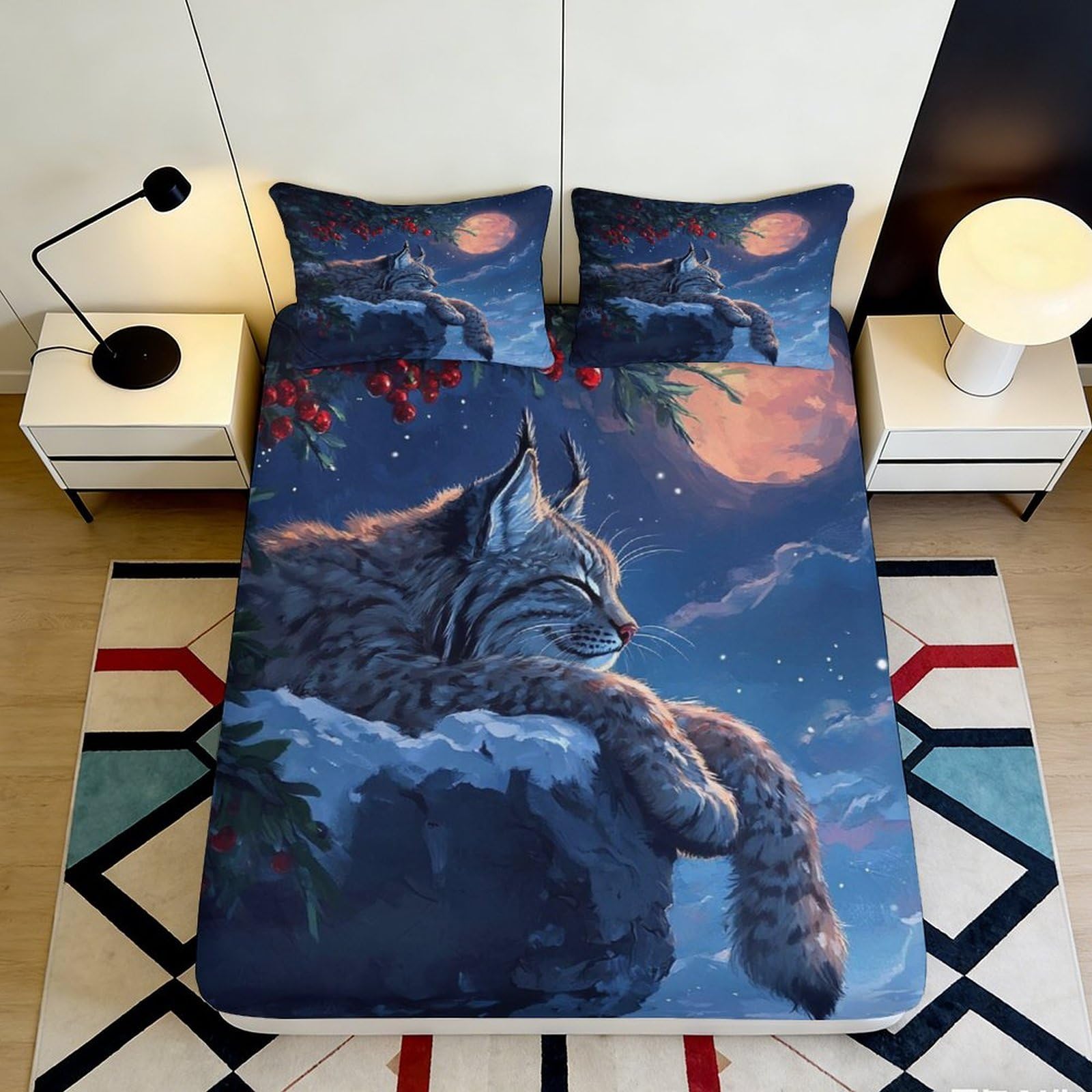 3D Printed Moonlight Lynx Fitted Sheet Microfiber Soft Breathable Forest Night Mattress Cover Bedroom Decor 90x200x25cm