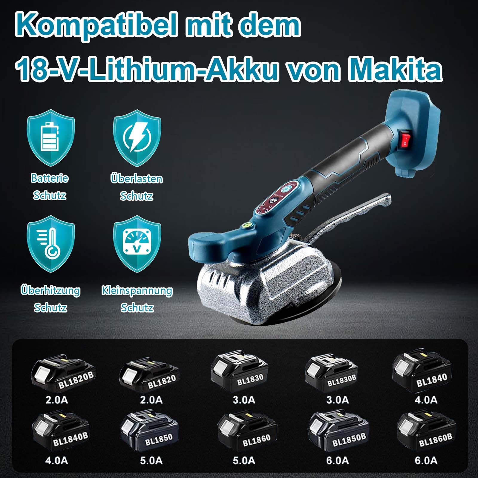 Maquina Vibratoria para Azulejos 21 V, Maquina Vibrador de Azulejos compatible with Makita 18v Batería,5 Velocidades Ajustables con Ventosa de 120mm Adsorción Máxima 100 Kg para Azulejos de 0.3-1m