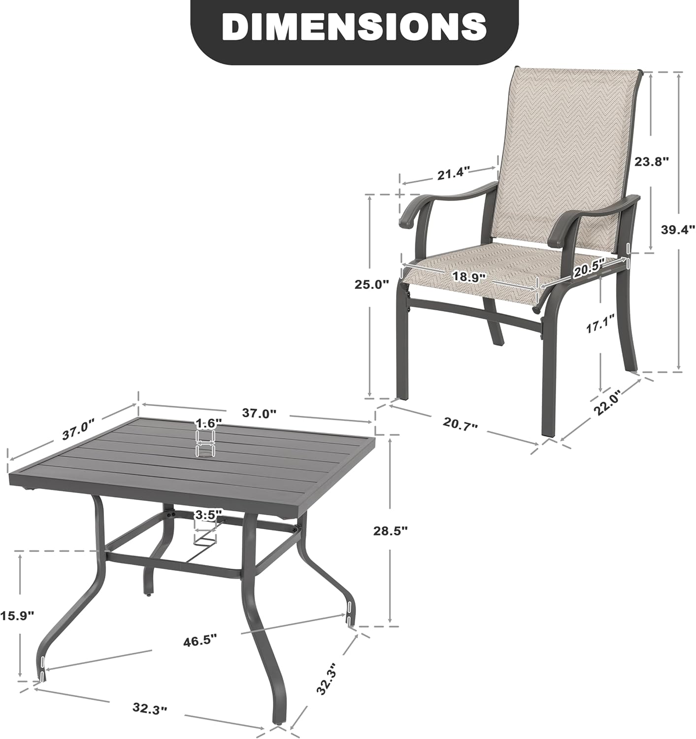 NUU GARDEN 5 Piece Outdoor Dining Set, Weather-Resistant Patio Dining Furniture, 4 Textilene Dining Chairs and 37'' Square Slatted Table with Umbrella Hole, for Garden Patio Backyard, Beige