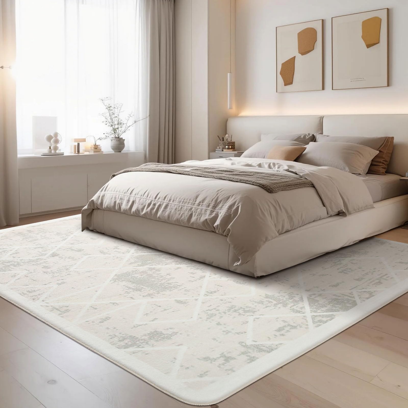 Alfombra Salon 160x200 Alfombras de Habitacion Crema Marfil Blanco Blanco Bebe Infantil Vinilica Pelo Corto Moderna Abstracta Geometría Suave Antideslizante Dormitorio Accesorios