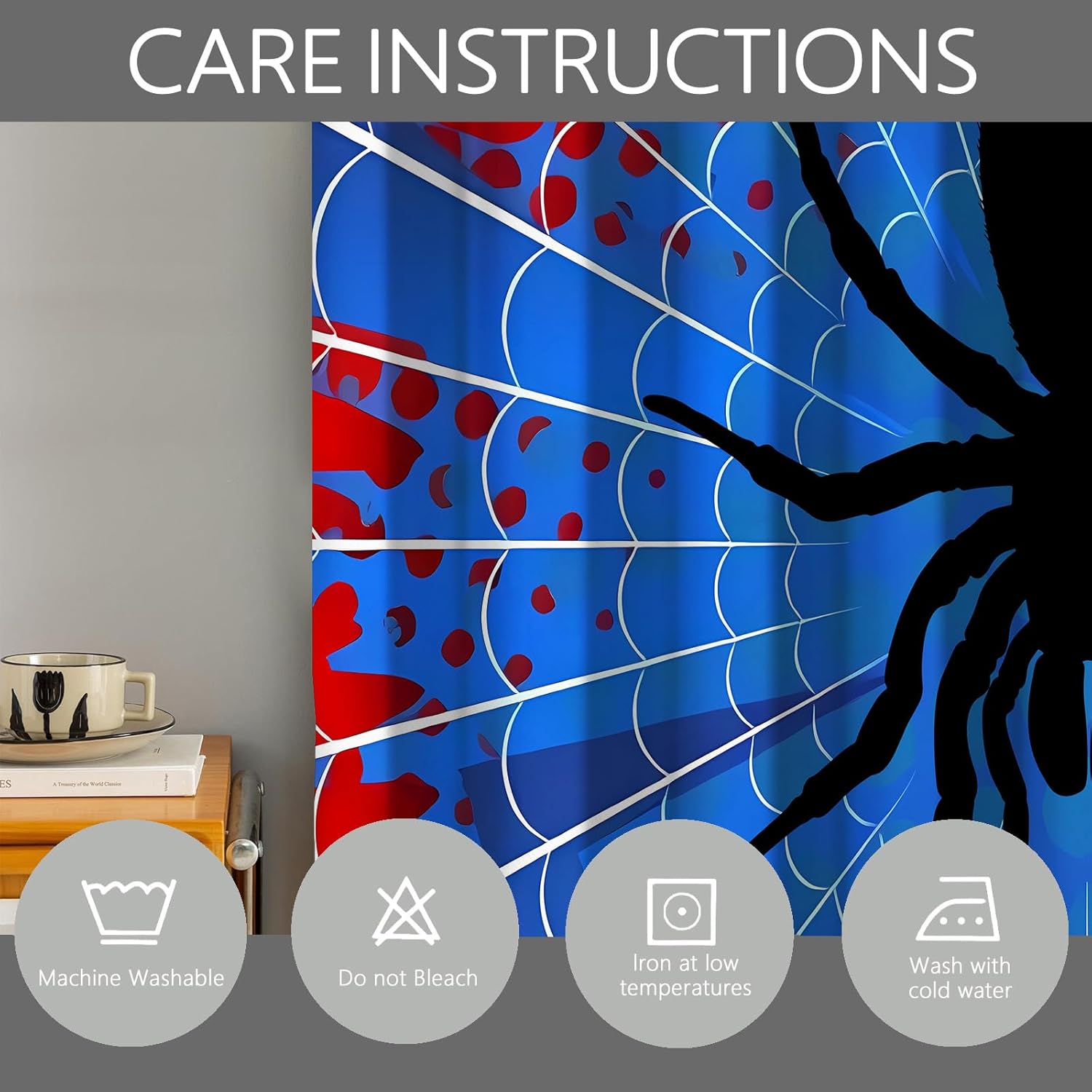 Spider Web Curtains - Superhero Theme - Blackout Thermal Insulated Drapes for Kids Room, Bedroom, Living Room - Blue & Red Design - 42 x 84 Inches, 2 Panels