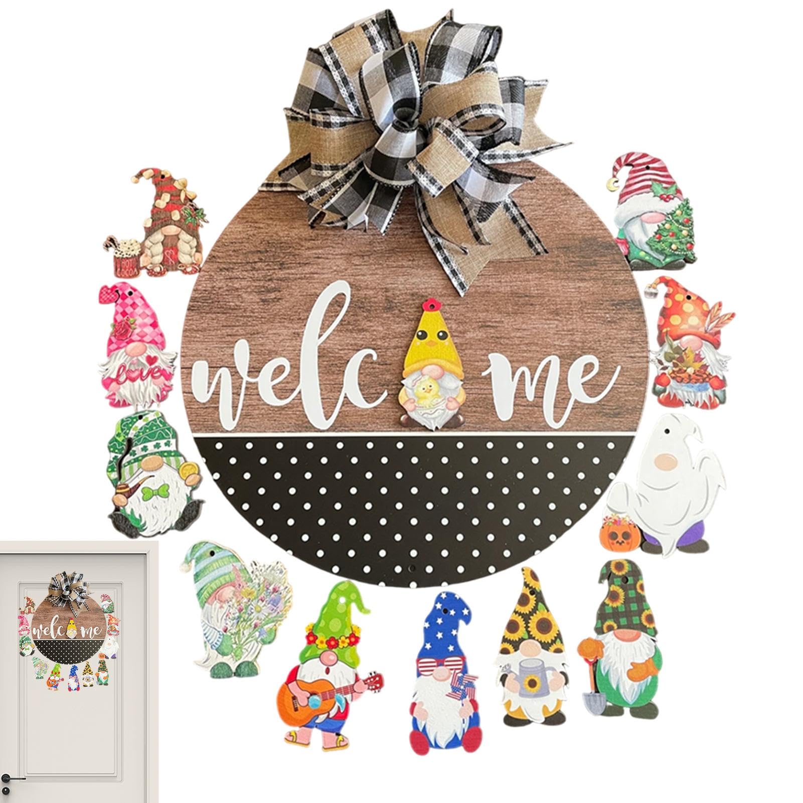 Panneau de Noël en bois pour porte d'entrée accueillante avec nains interchangeables