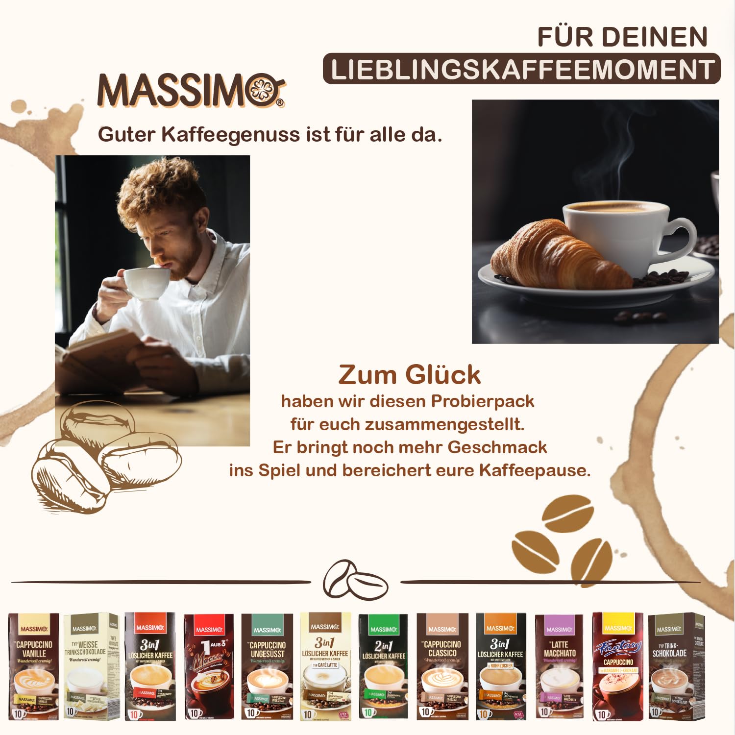 MASSIMO Instant Kaffee Sticks - Alle 12 Sorten - löslich, schnelle Zubereitung - 12er Probierpack Getränkepulver - Kaffeespezialitäten