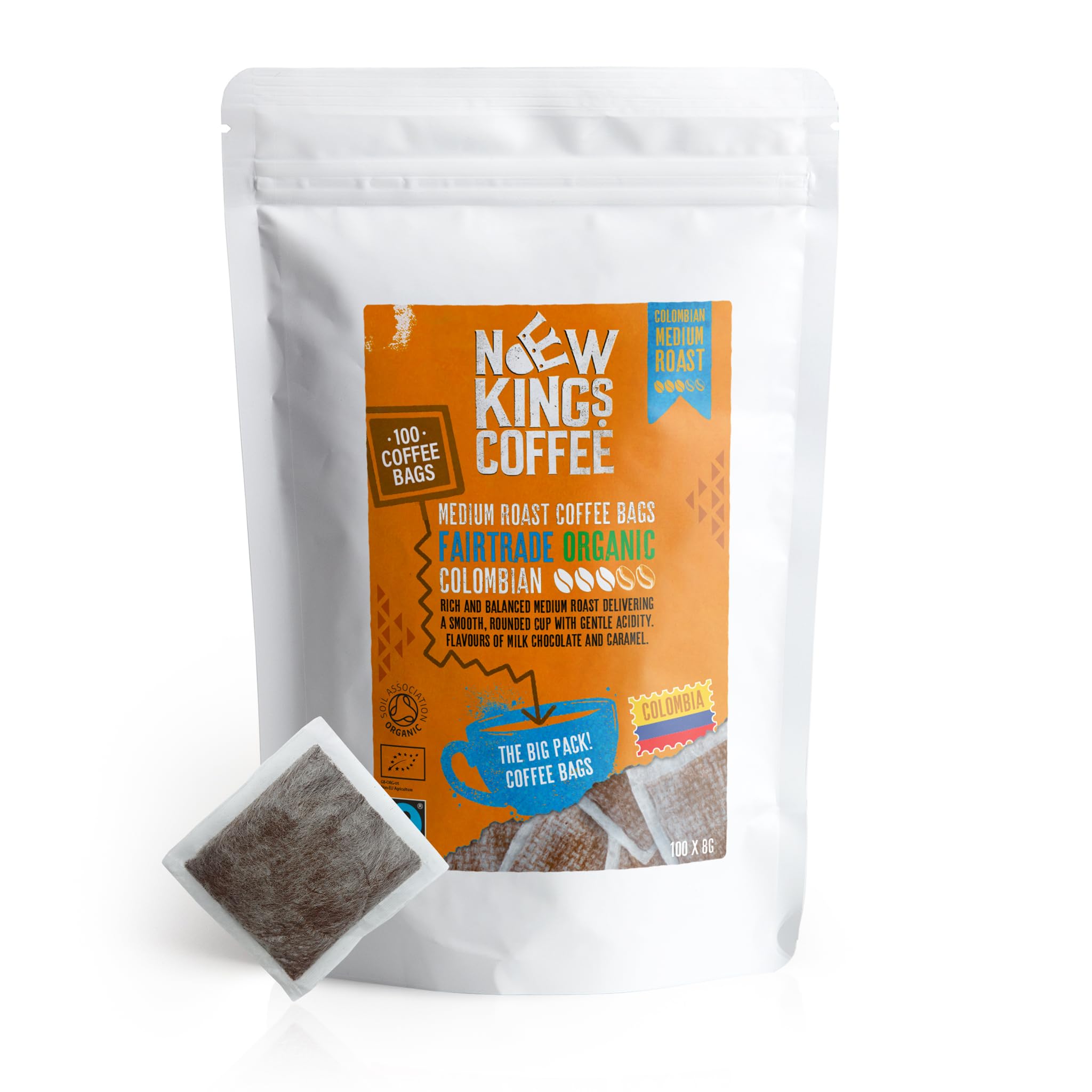Medium Roast Coffee Bags - Pack of 80 - Fairtrade Organic Colombian Coffee Bags - New Kings Colombia - Strength 3-100% Arabica - Brew Like Tea Bag