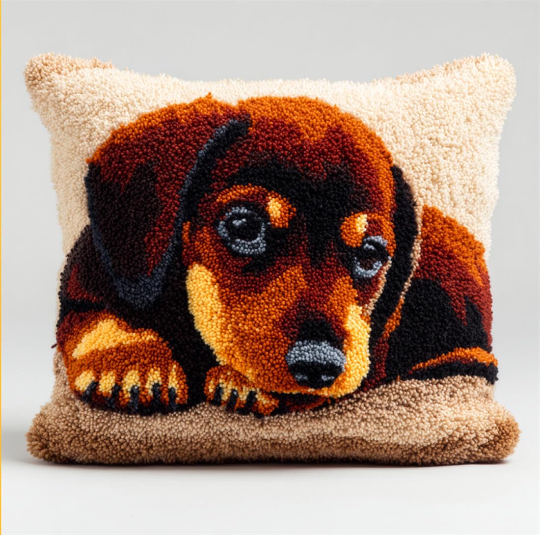 Kitquiver Animal Latch Hook Cushion Set Cartoon Dachshund DIY Latch Hook Rug Kit for Beginners Embroidery Cushion Canvasfor Adult Beginners 17x17In