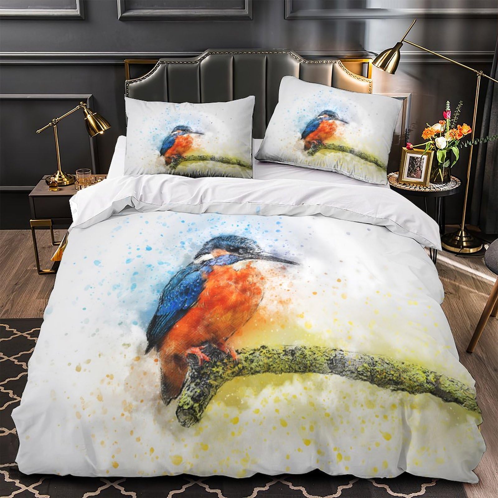 Housse de couette martin-pêcheur 3D 260x220cm en microfibre aquarelle avec 2 taies