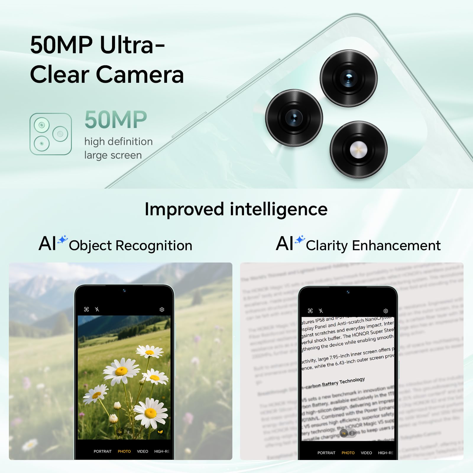 Honor X5c Plus 4G Smartphone, 4Go 256Go, Dual SIM, 5130mAh Batterie, 50Mpx Ultra-Net AI Caméra, Écran 6,7" 90Hz, MicroSD 1 to à Extensible, Android 15 Telephone Portable, Cyan
