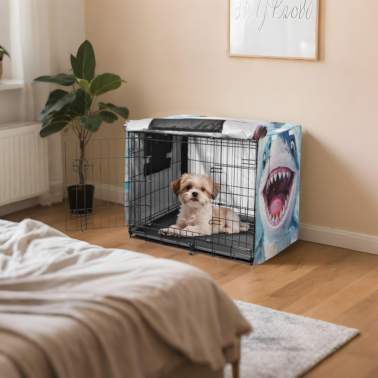 Cute Cartoon Sharks Pet Cage Cover with Openings, Water-Resistant Pet Crate Cover, Large