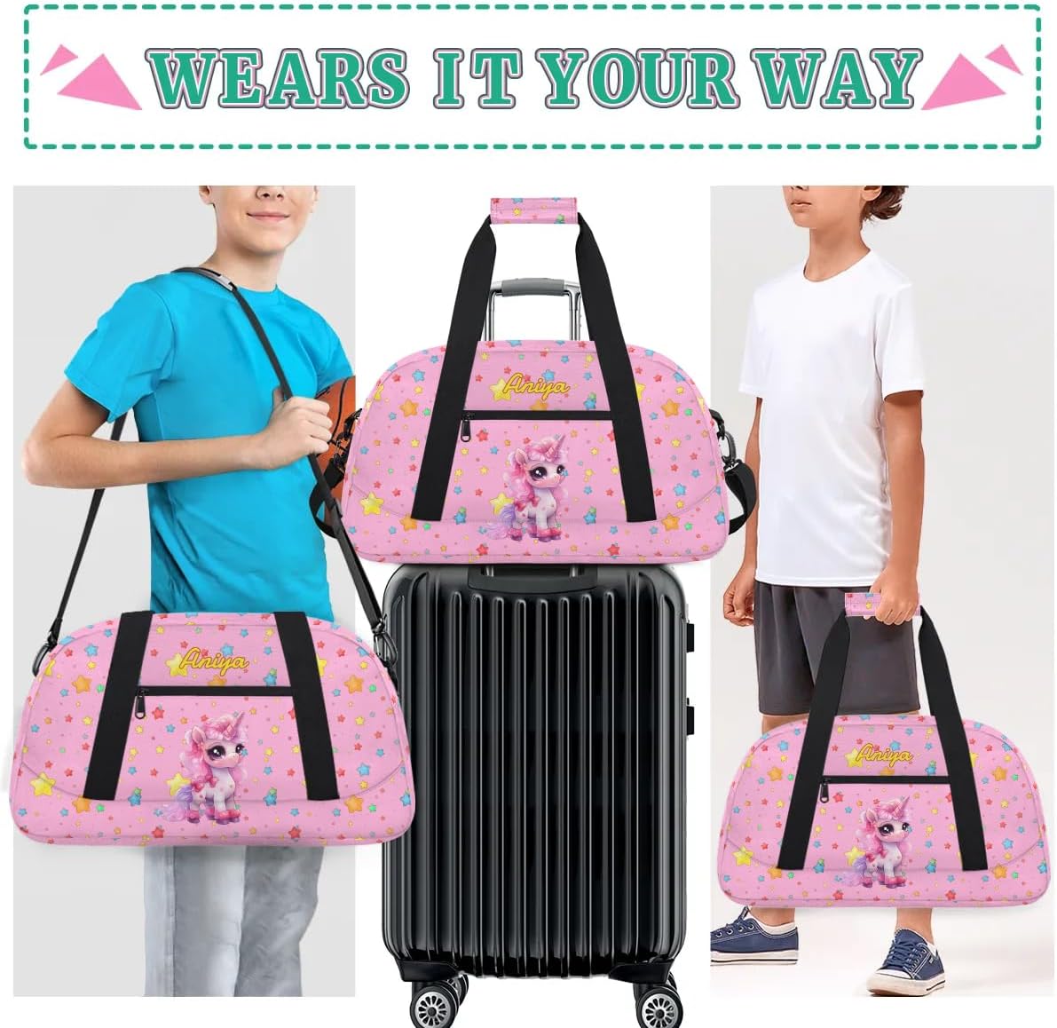 Personalized Gym Bag for Kids Girls, Cute Unicorn Pink Stars Custom Small Duffel Bag with Padded Handles Carry On Weekend Travel Bag for School Practice Ball Games
